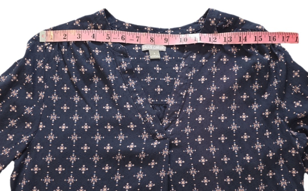 Falls Creek Navy Blue Geometric Bell Sleeve Pullover Blouse Women’s Size S