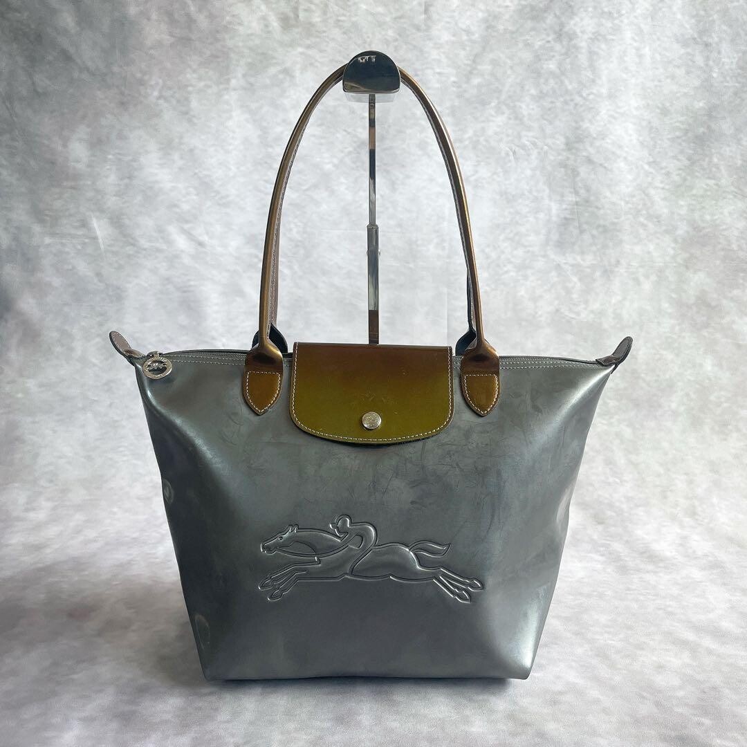 Longchamp Le Pliage Metallic Silver Gray Embossed Logo Tote Brown Trim Y2K Auth