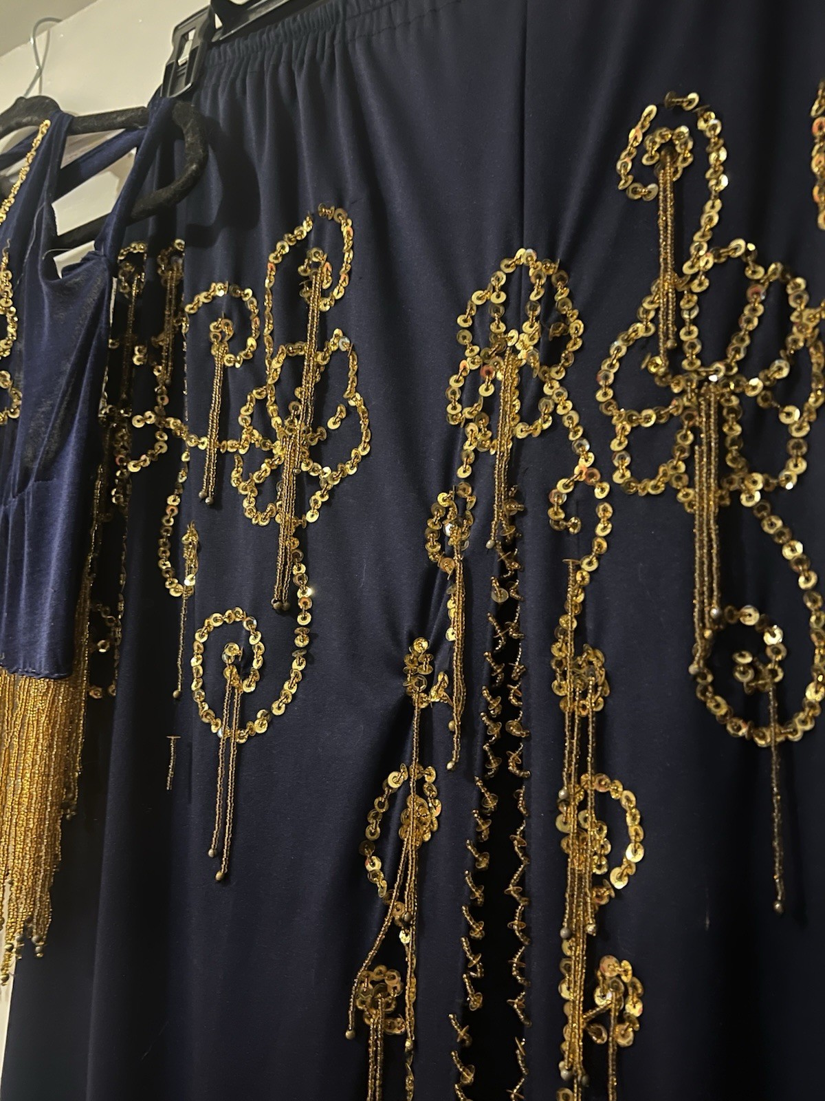 Navy & Gold Bellydance Inspired Showgirl Fringe 2-Pc Sequin Beaded Festival Set