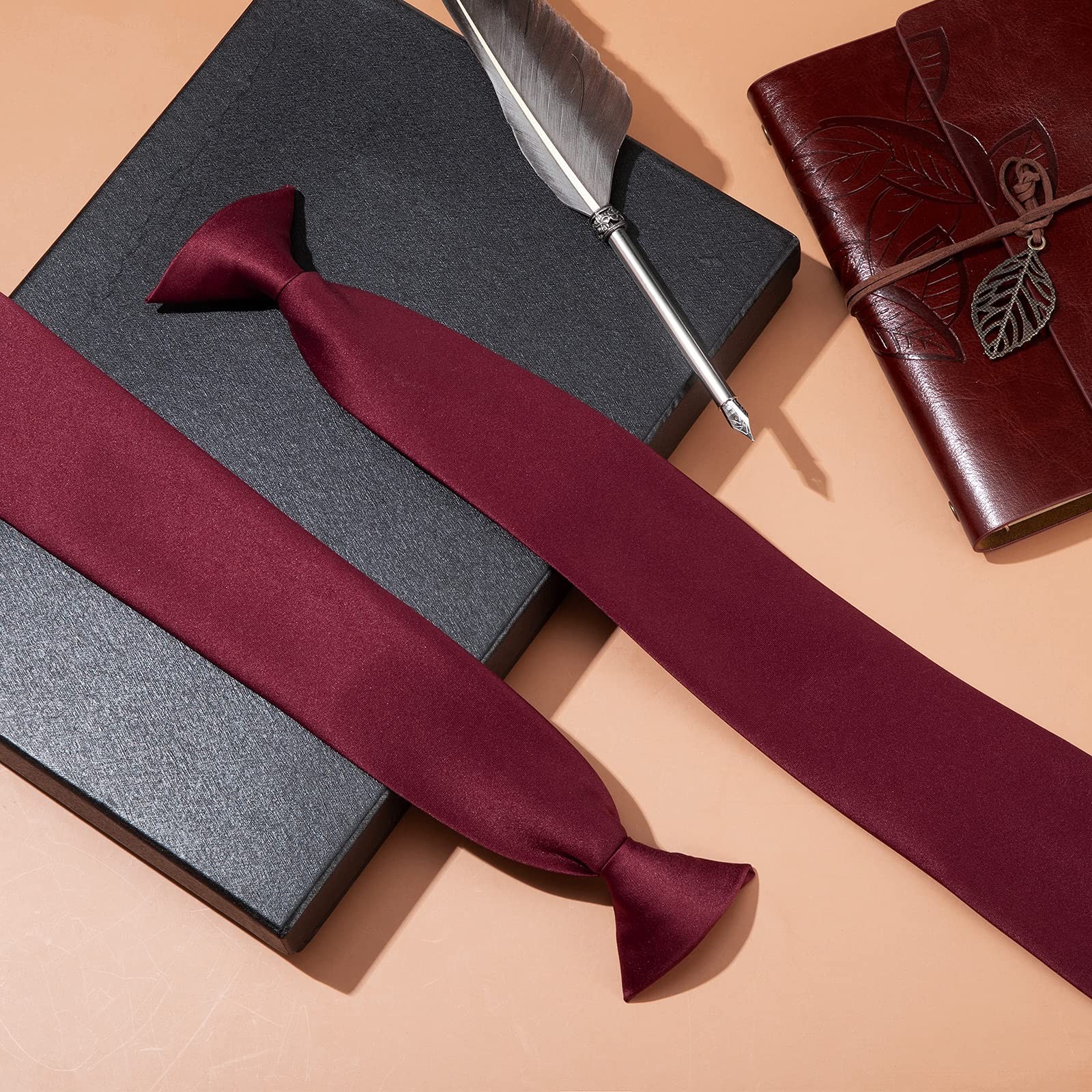 2 Pieces Men’s Clip on Ties 20 Inches Solid Color Clip on Ties Pre Burgundy
