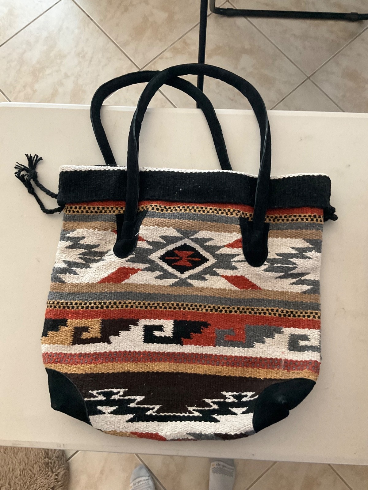 EL PASO SADDLE BLANKET CO. Wool & Leather Tribal Woven Blanket Tote Bag