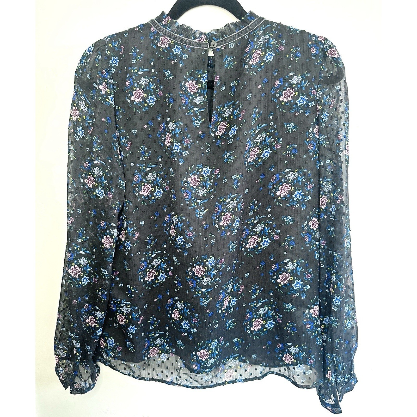 LOFT Floral Clip Dot Blouse Small Black Ruffle Neck Long Sleeve Sheer Cottage