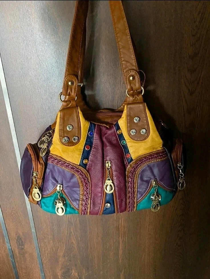 Y2K Boho Patchwork Hobo Bag Multi-Color Ostrich Gemstone Studded Moto Purse NEW