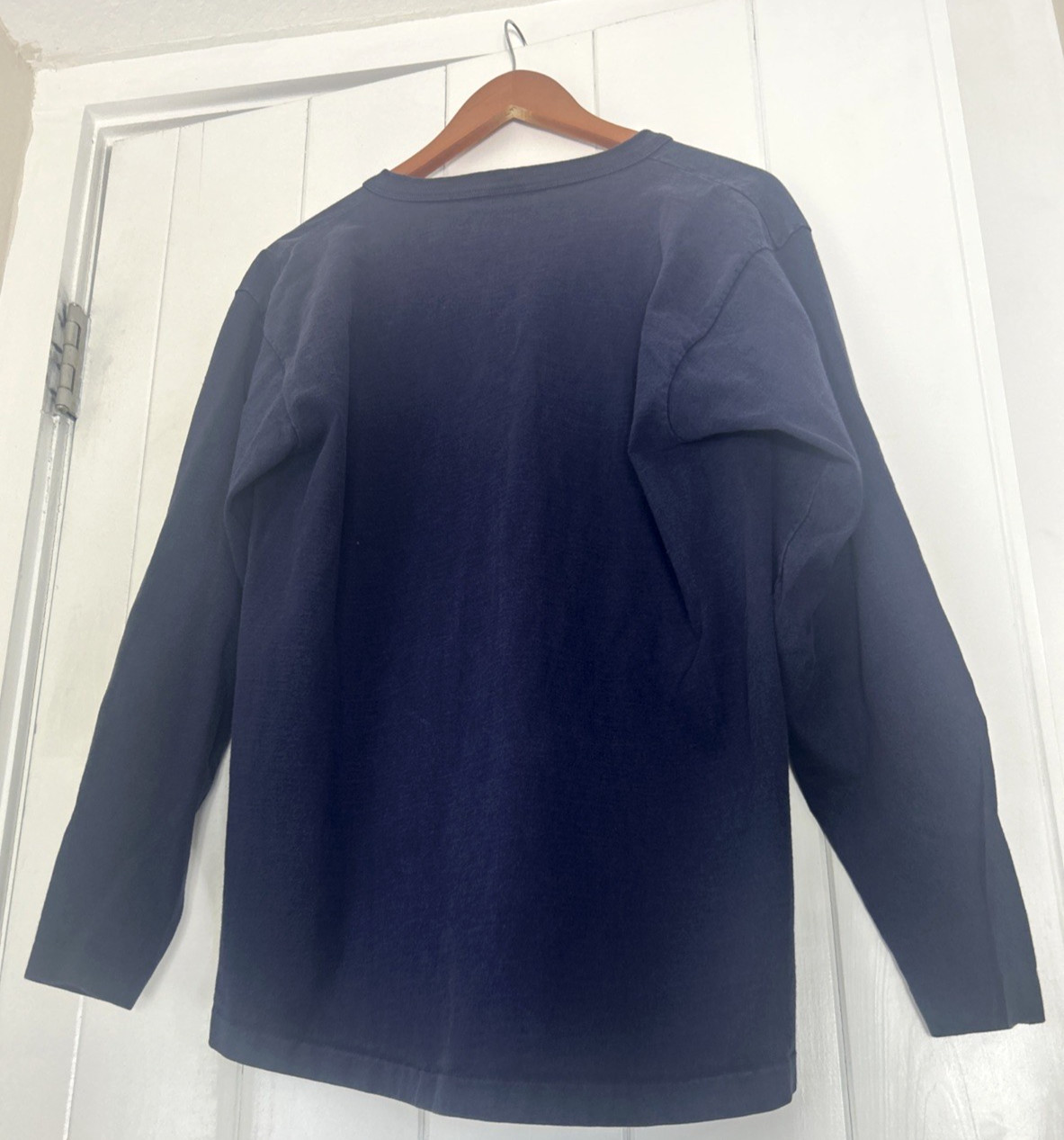 Vtg Mens Henley Size Large Cotton Deluxe Anvil 100% Cotton Navy Blue Duck Logo