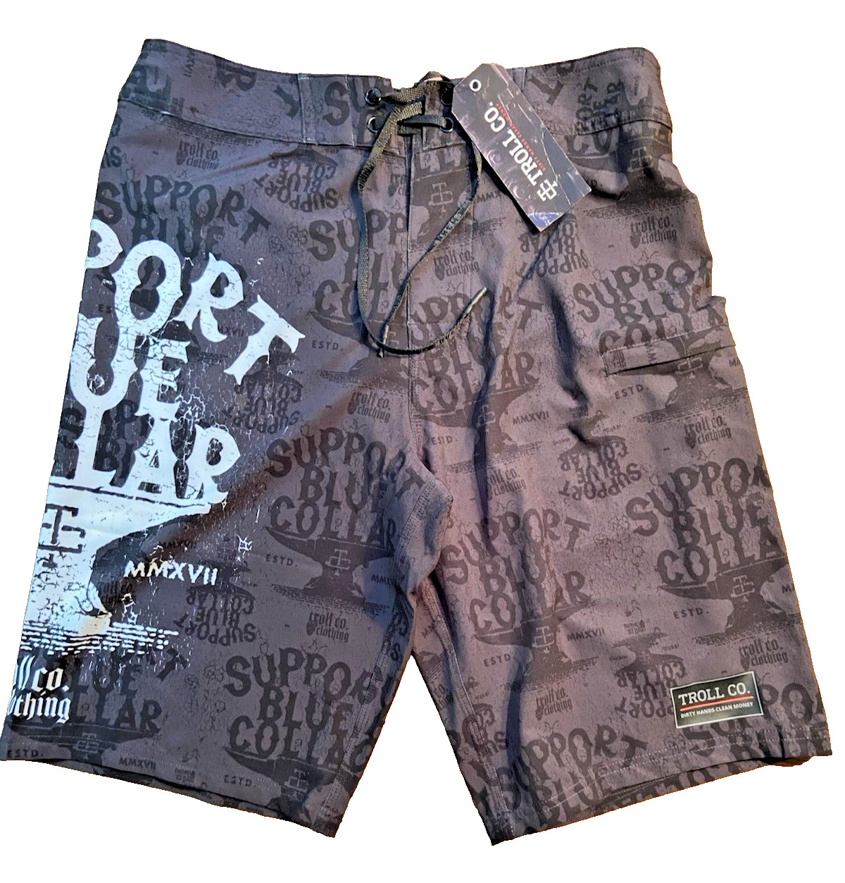 Troll Co. Cassera Board Shorts~Support Blue Collar Graphic~Gray/Black~Sz 32~NWT