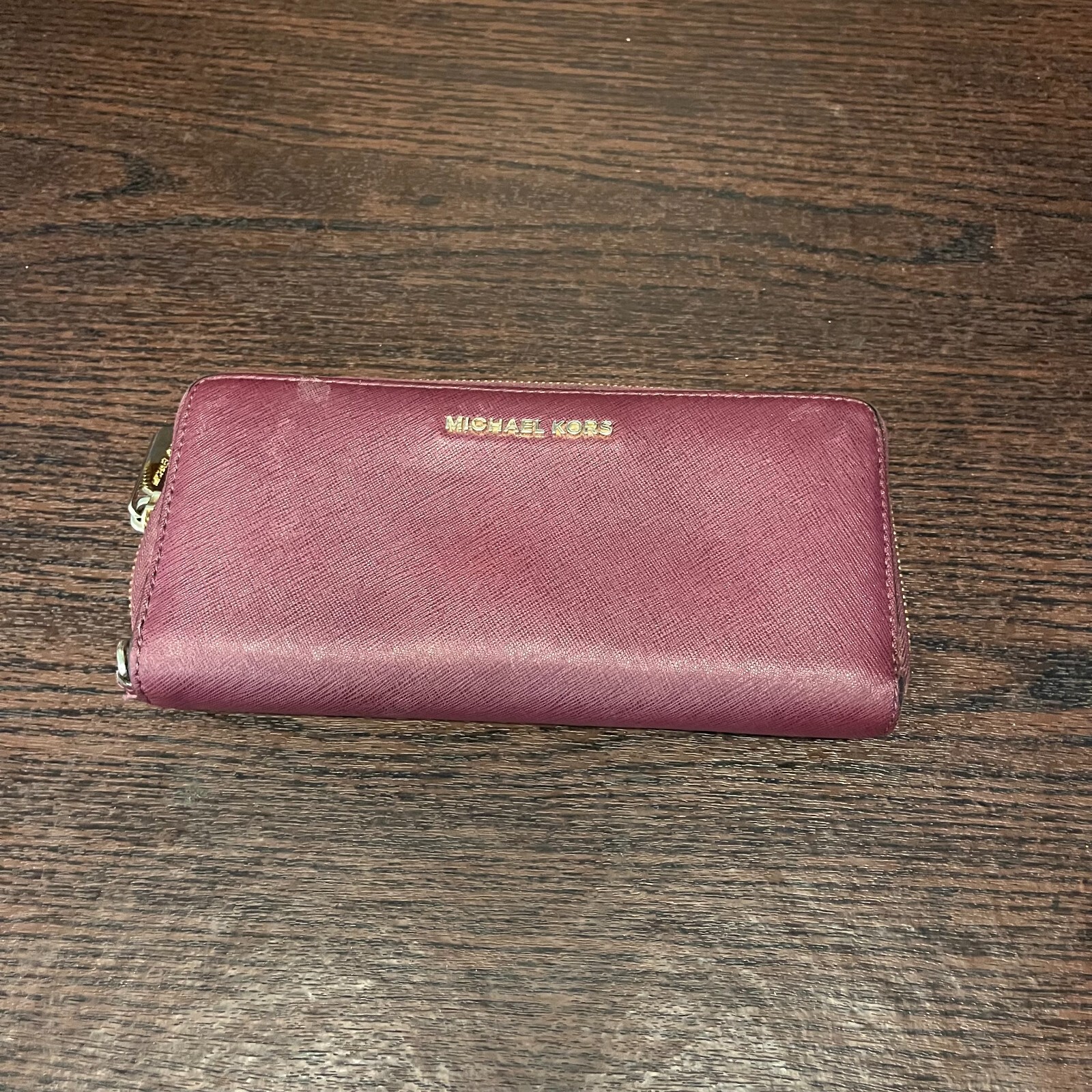 Michael Kors Womens Deep Red Leather Card Holder Pockets Zip Around Purse Wallet