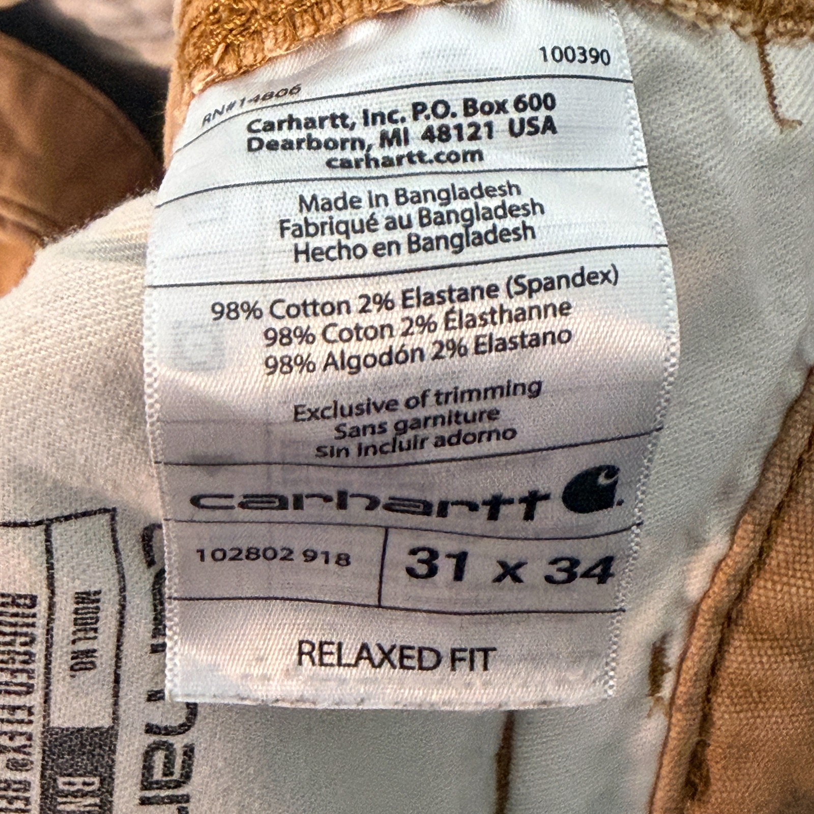 Carhartt 102802 Double Front Duck Utility Work Pants Mens 31×34 Brown Distressed