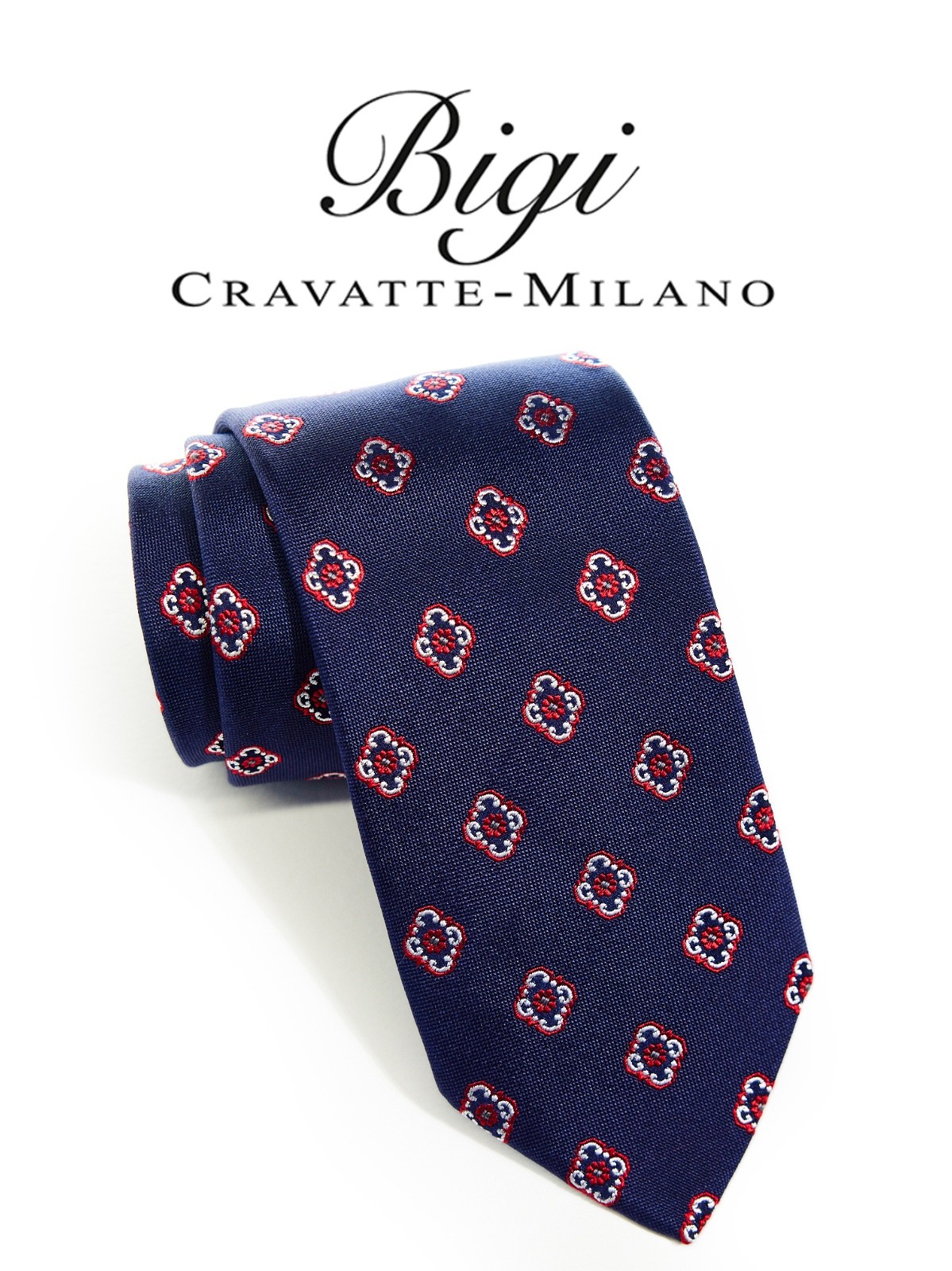 BIGI CRAVATTE Men’s 100% Silk Tie BLUE w/ RED MEDALLIONS 59″ x 3.25″ USED T22