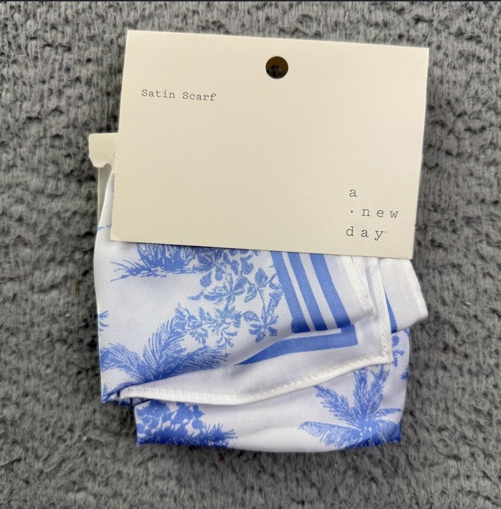 A New Day Satin Scarf Womens One Size Blue Floral Square Recycled Polyester New