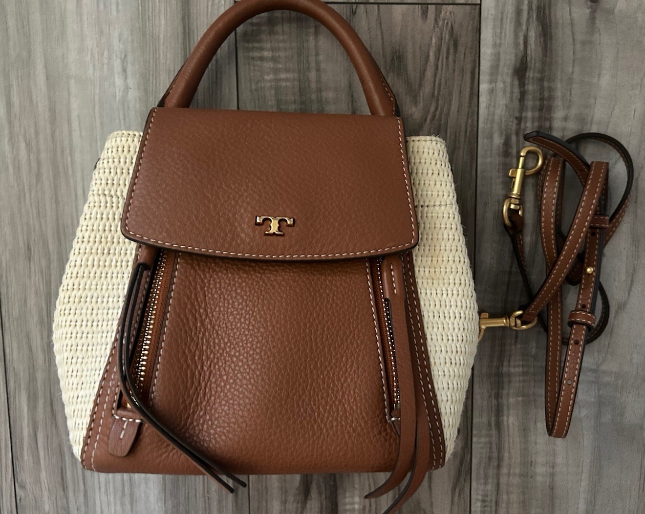 Tory Burch Half Moon Small Raffia Leather Handbag Resort Bag