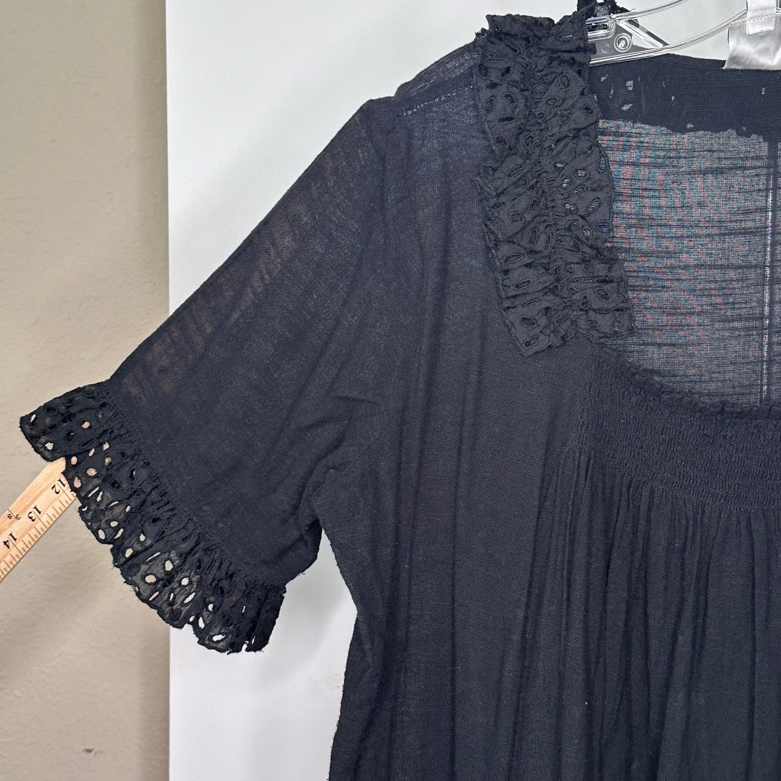 Ivy Jane Womens Black Eyelet Lace Trim Tunic Top Short Sleeve Smocked Large