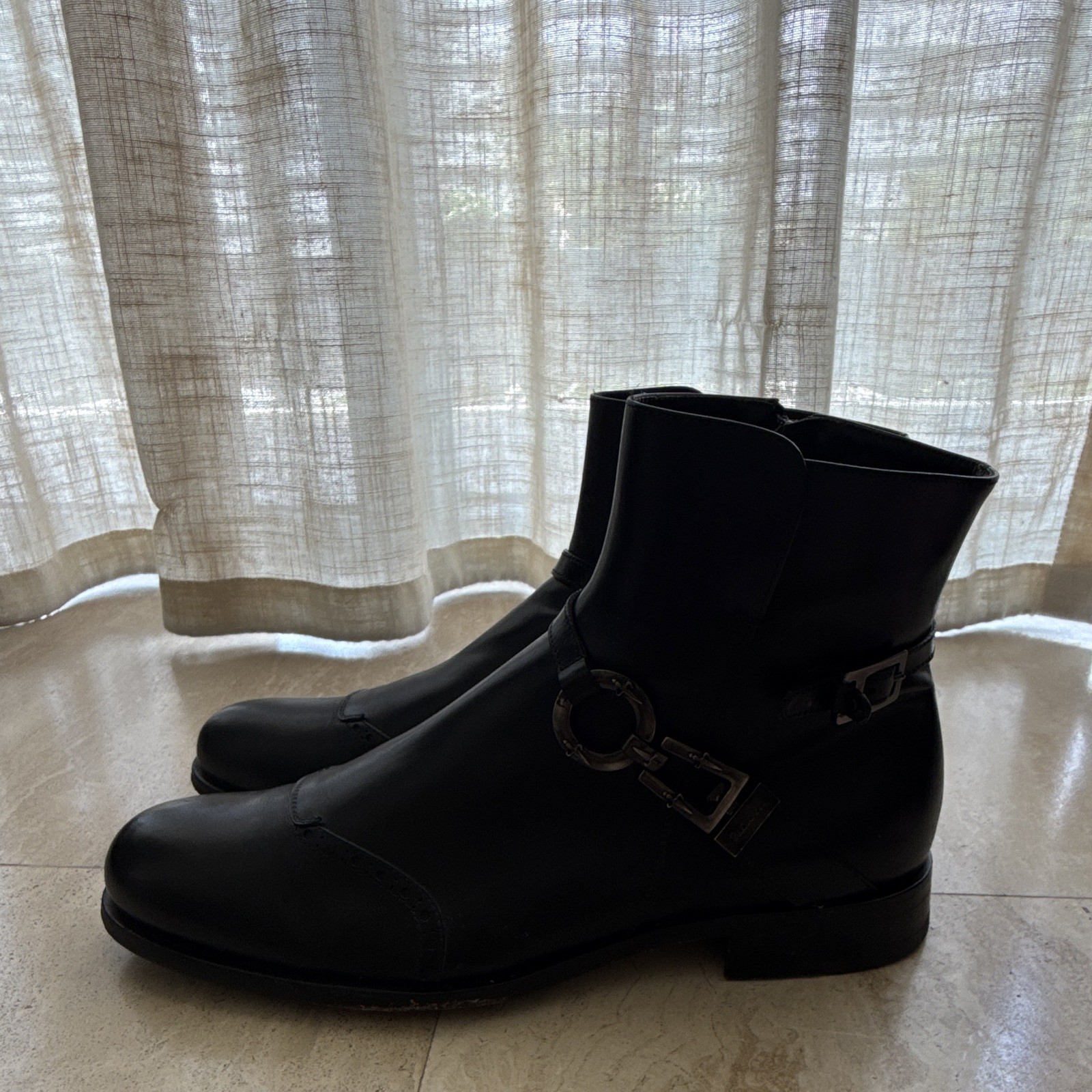 Cesare Paciotti Men’s Black Leather Ankle Harness Boots Round Toe Zip 10