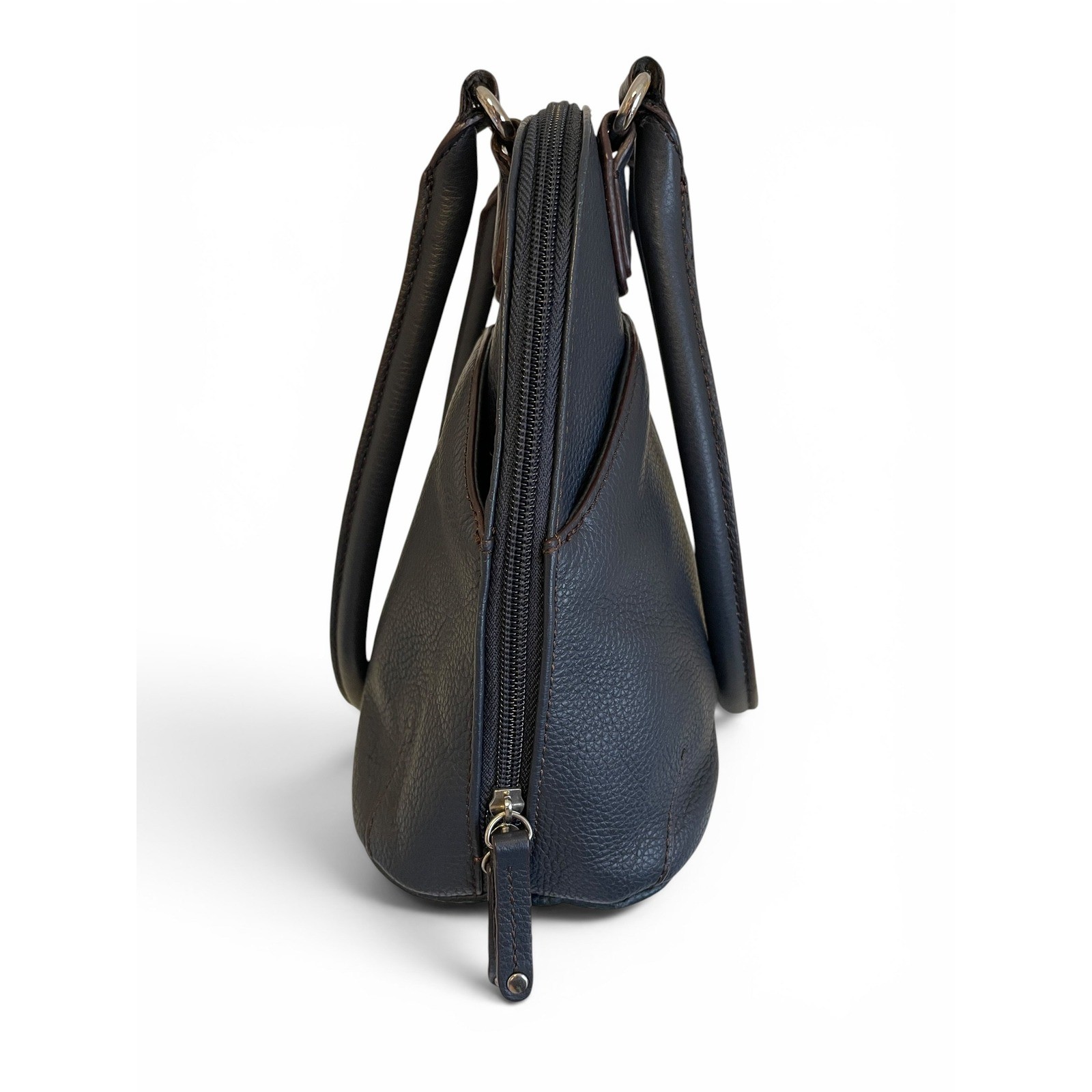 Tignanello Navy Pebbled Leather Domed Satchel Purse Built-In Wallet Mirror Tag