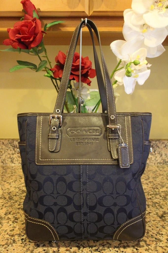 Coach monogrammed navy canvas and leather shoulder bag # F10659 (pu150