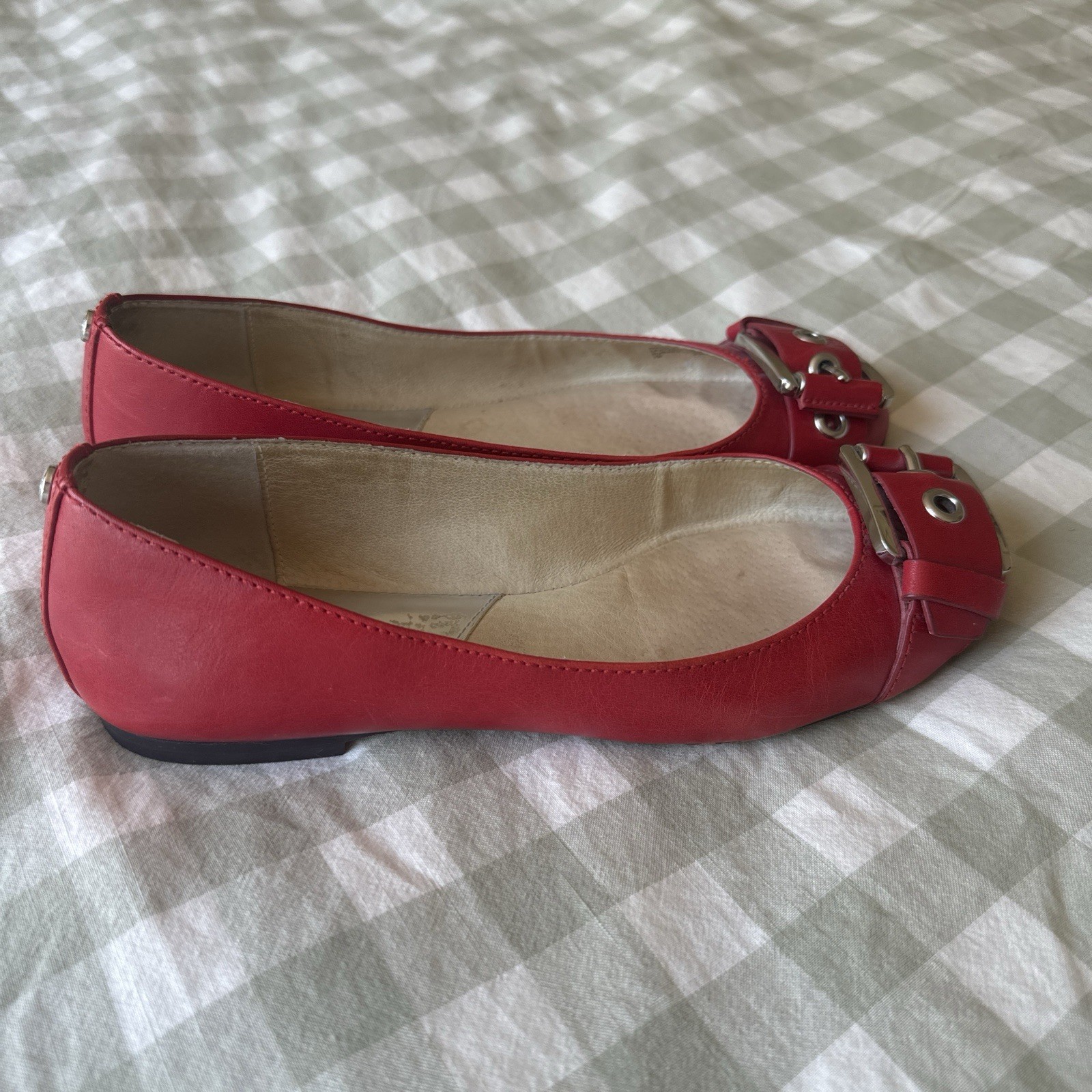 Michael Kors Red Leather Ballet Flats Slip On Buckle Logo Accents Women 7