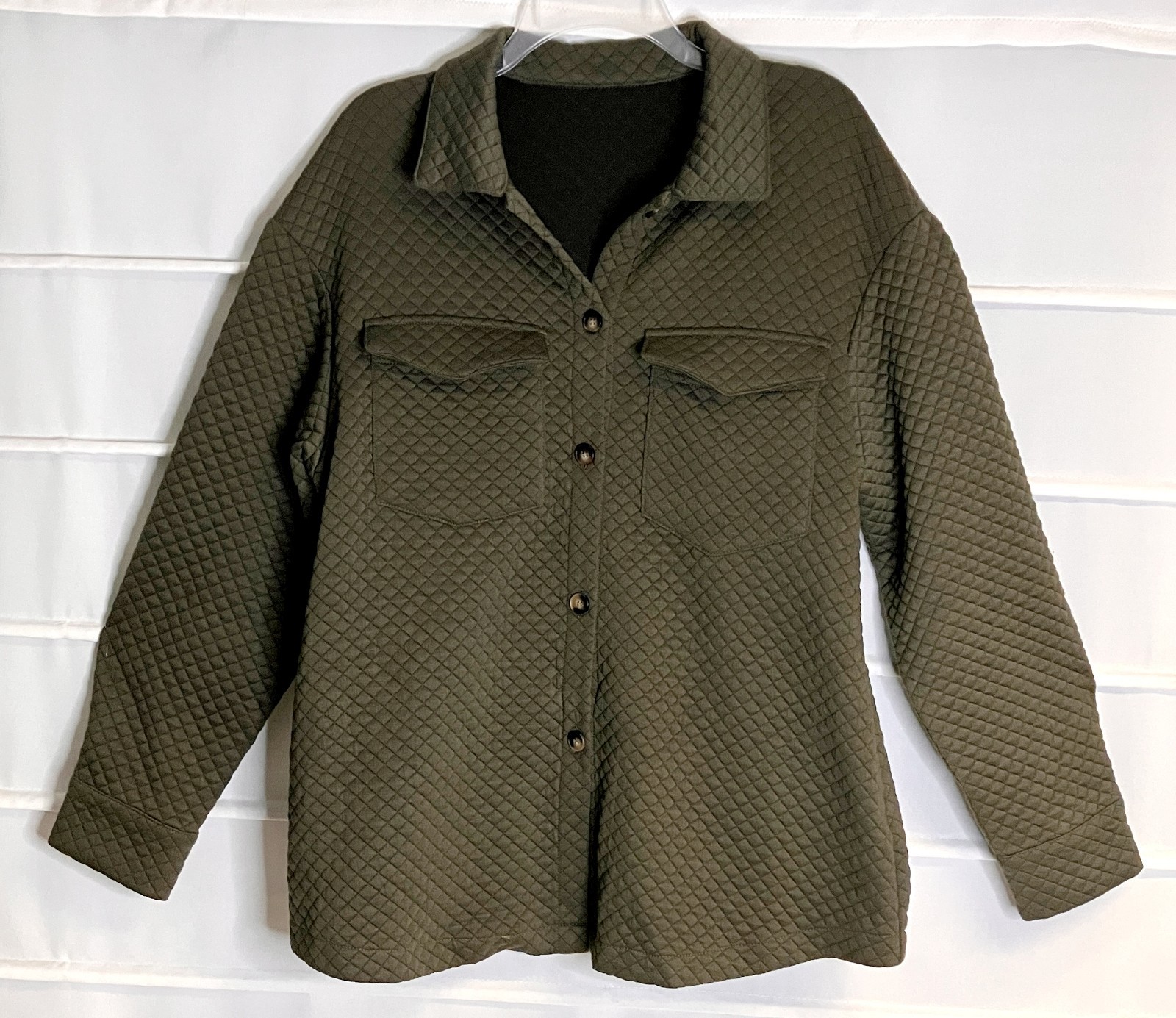 Unbranded Olive Green Quilted Stretch Polyester Button Front Shirt Jacket L EC!