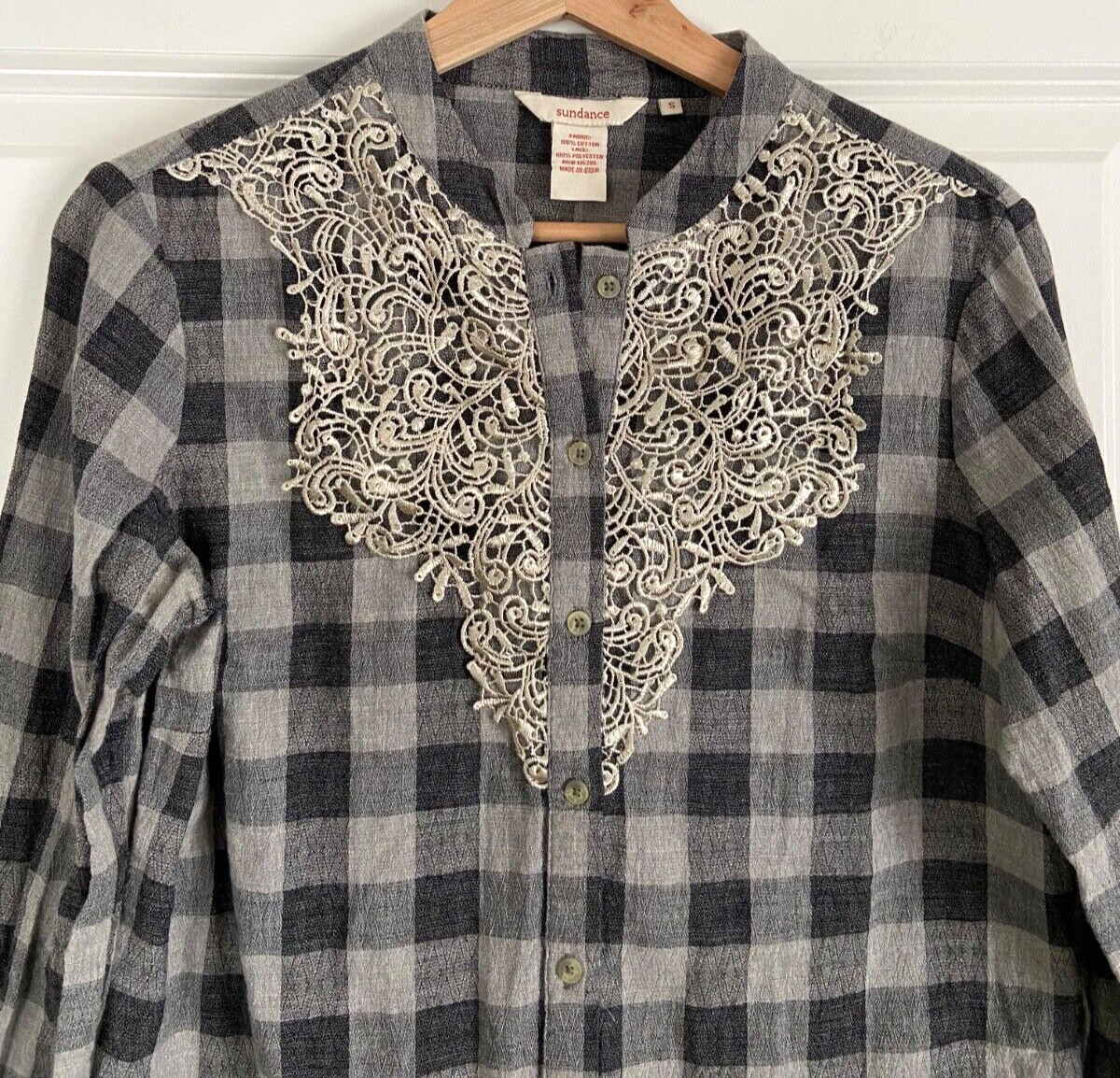 Sundance Plaid Lace Shirt S Gray Check Button Up Western Cowgirl Redford Cassidy