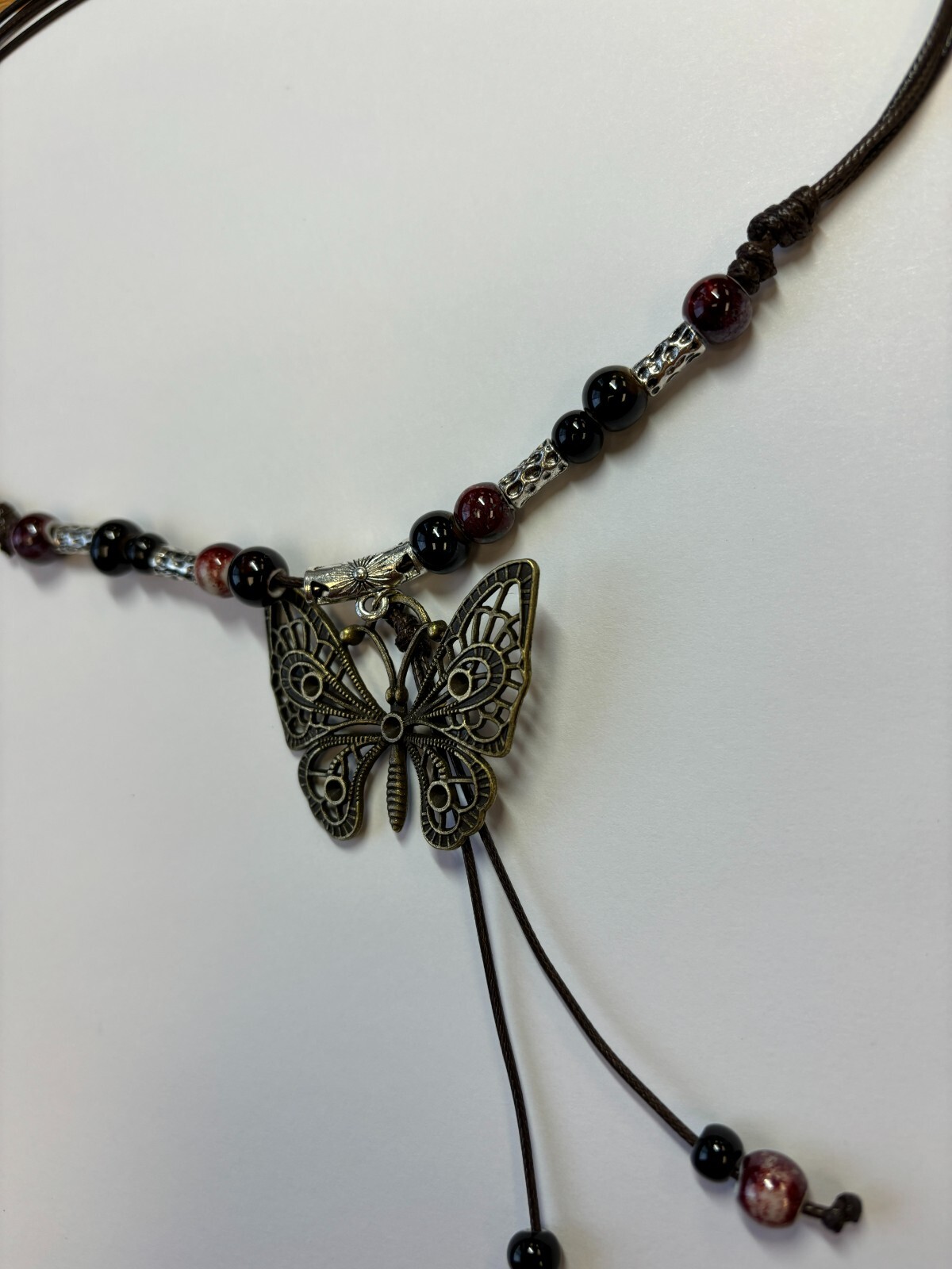 Black White Bead Silver Butterfly Pendant Charm Blessing Vintage Necklace