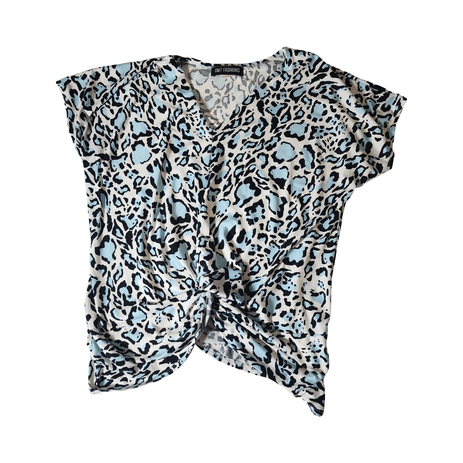 OMT Fashions Blue Leopard Print Twist Front V-Neck Dolman Sleeve Top XL USA Made