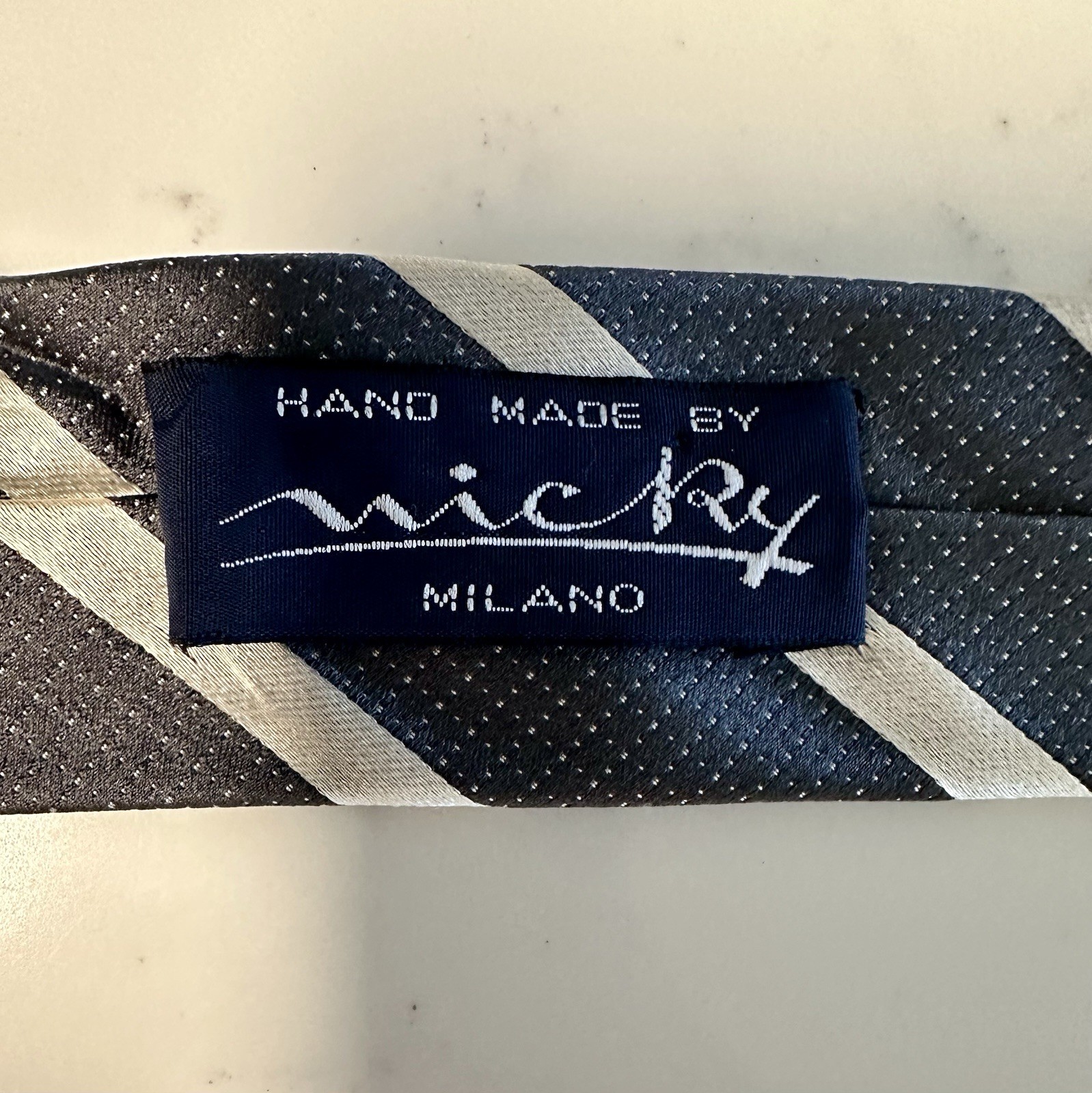 Authentic Micky 100% Silk Men’s Necktie, Black with White Stripe.