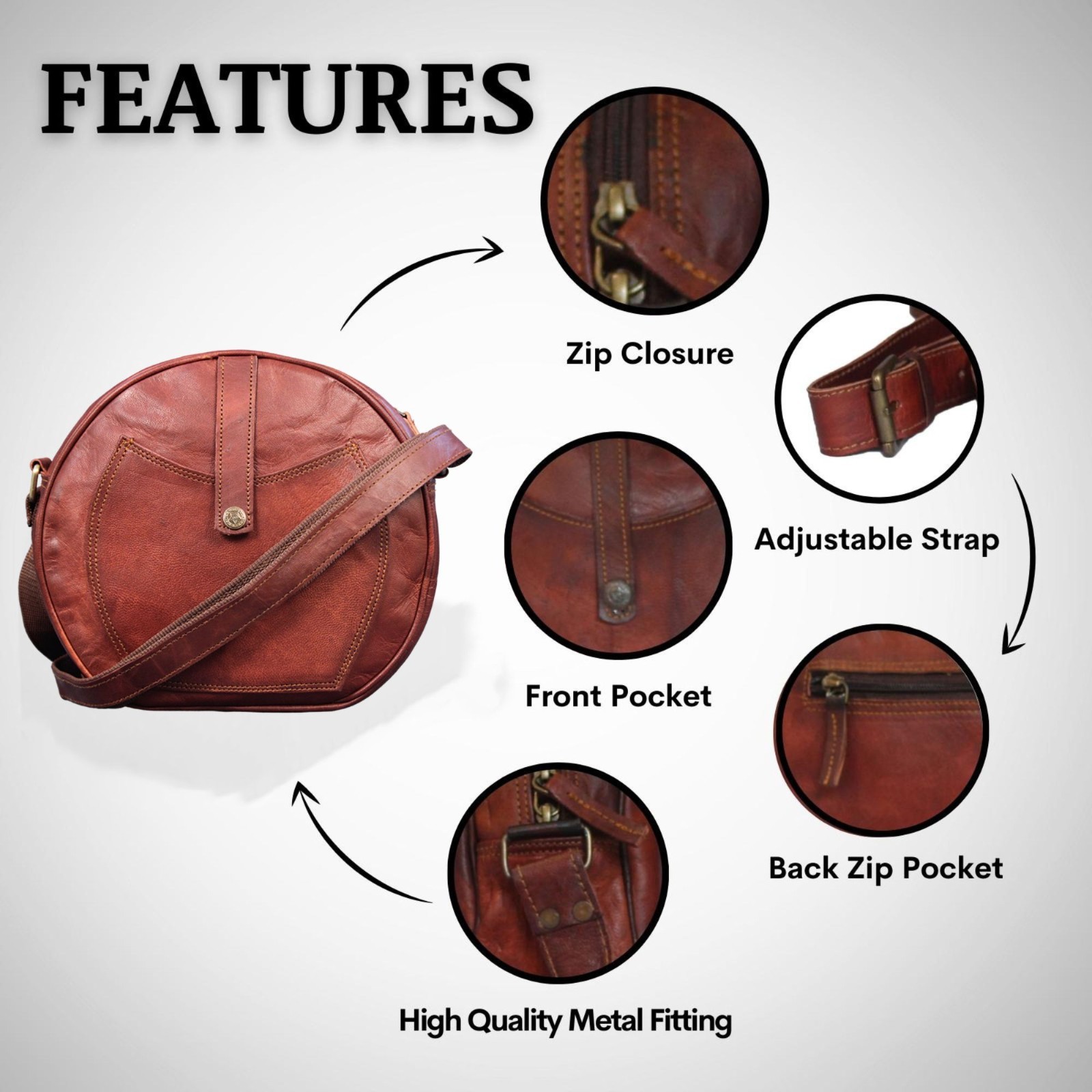 Madosh Womens Genuine Leather Half Circle Round Crossbody Shoulder Hobo Handbag