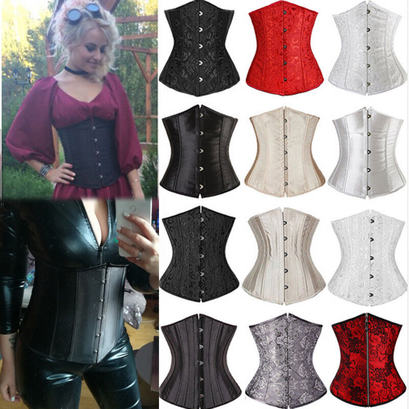 Women Satin Underbust Corset Bustier Top Waist Cincher Lace Up Boned Body Shaper