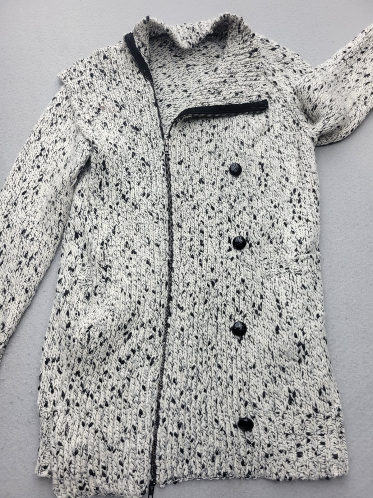 J Crew Women Coatigan Large Black White Sweater Birdseye Pockets Buttons Casual