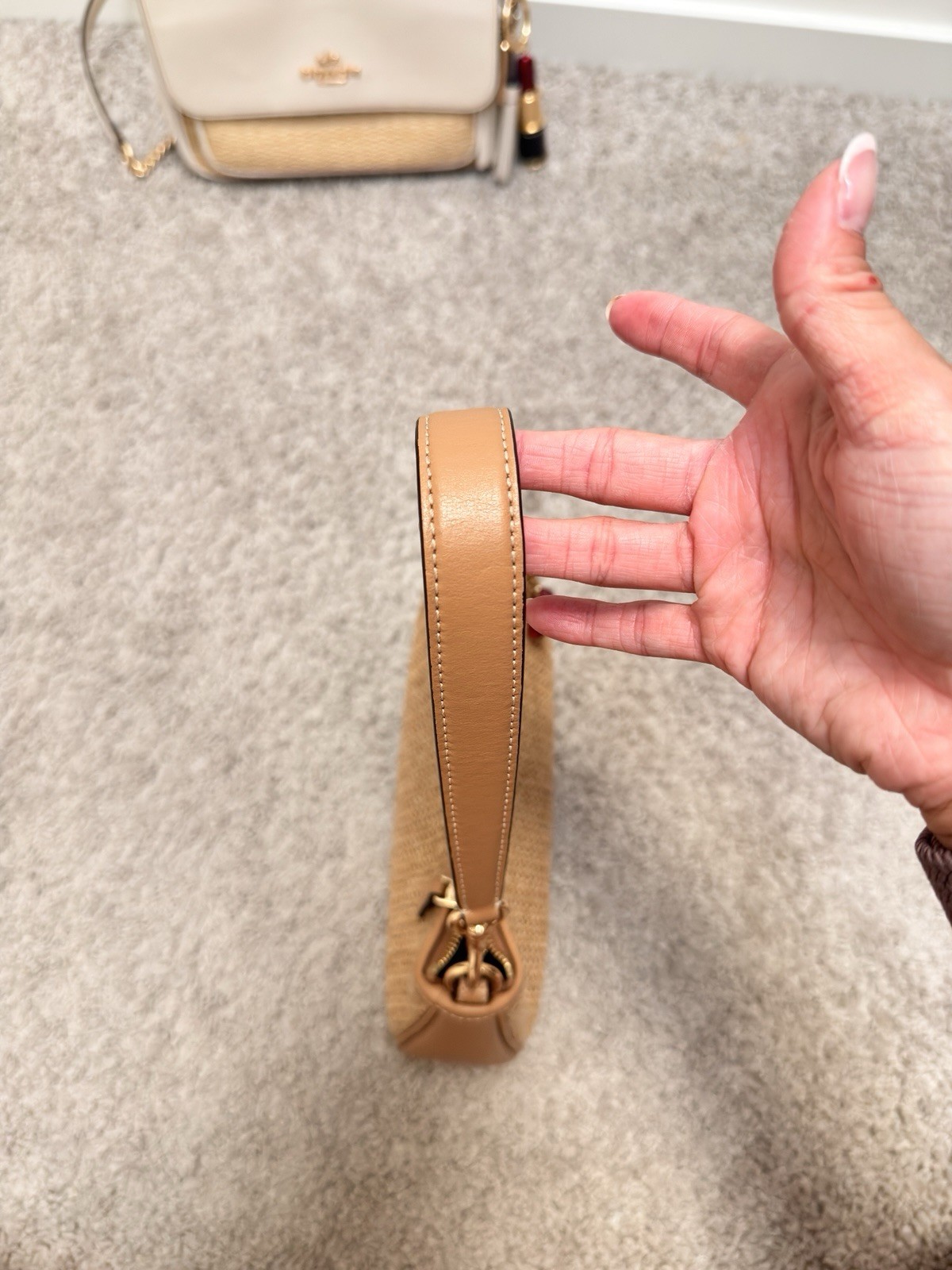Coach Tan Woven Teri Shoulder Bag with Gold Hardware and Cherry Charm