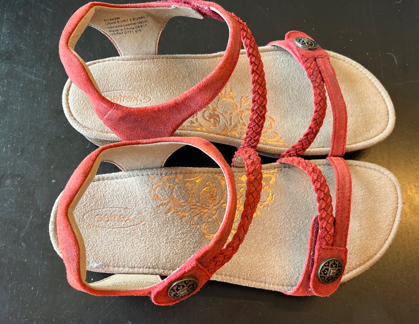 Womens Aetrex Jillian Red Leather Braided Comfort Open Toe Sandals SC449W Sz 9.5