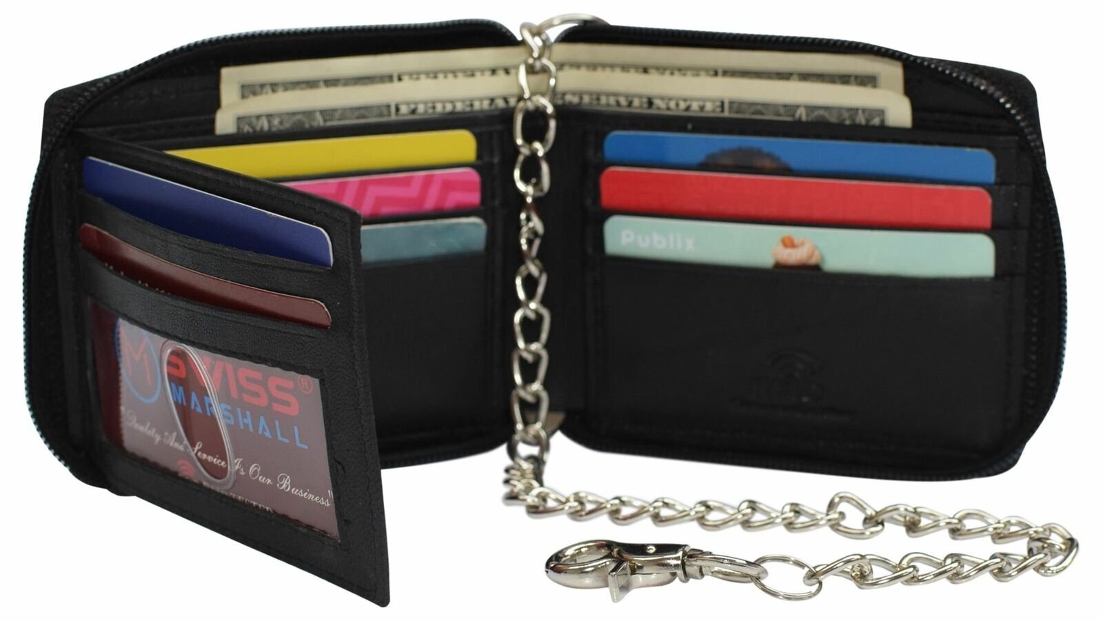 Men’s Zipper RFID Blocking Premium Leather Zip-Around ID Bifold Biker Chain Wall