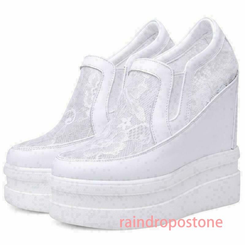 14cm Womens Leather Shoes Wedge Heel Sneakers Platform Lace Slip on Elegant Chic