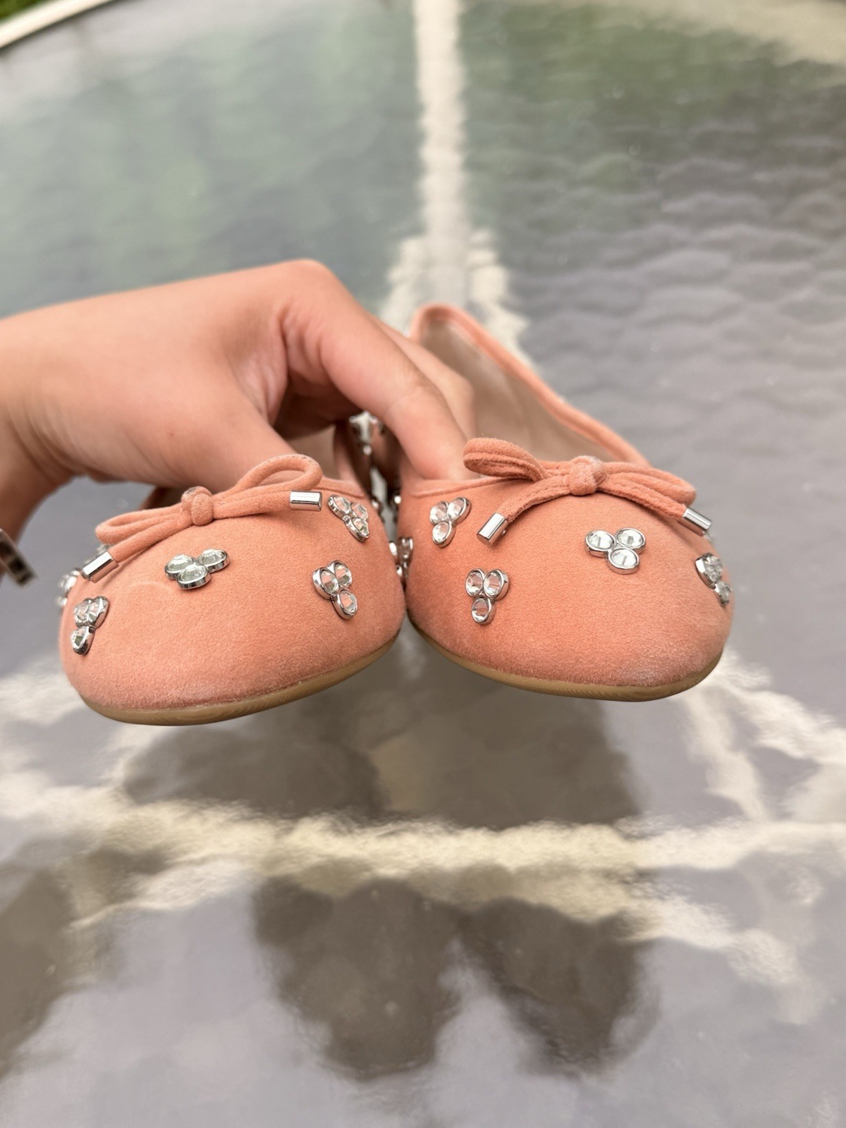 Stuart Weitzman Womens Ballet Flats US 6 Pink Suede Round Toe Bow Rhinestone
