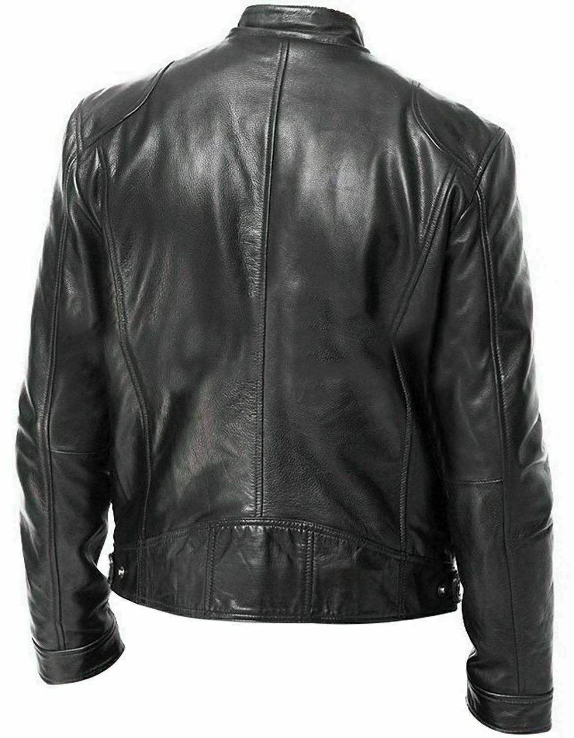 Men’s Genuine Sheepskin Leather Black Motorcycle Jacket Cafe Racer Coat Biker