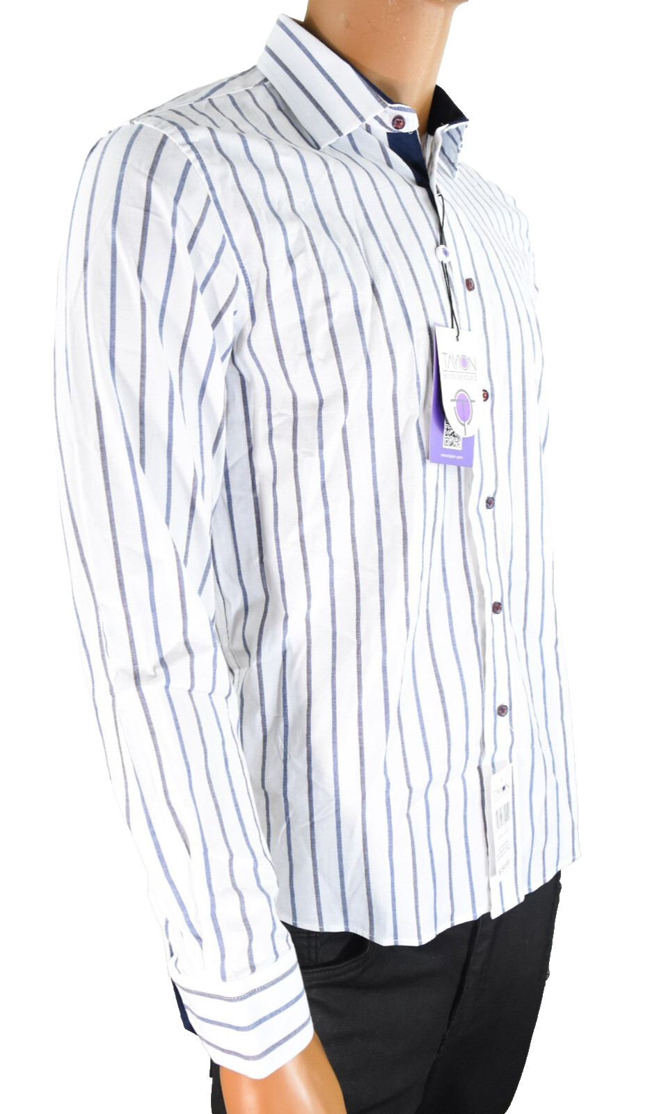 Tayion By Monte Holland Mens Dress Shirt New M 15-15.5 32/33 White Blue Stripe