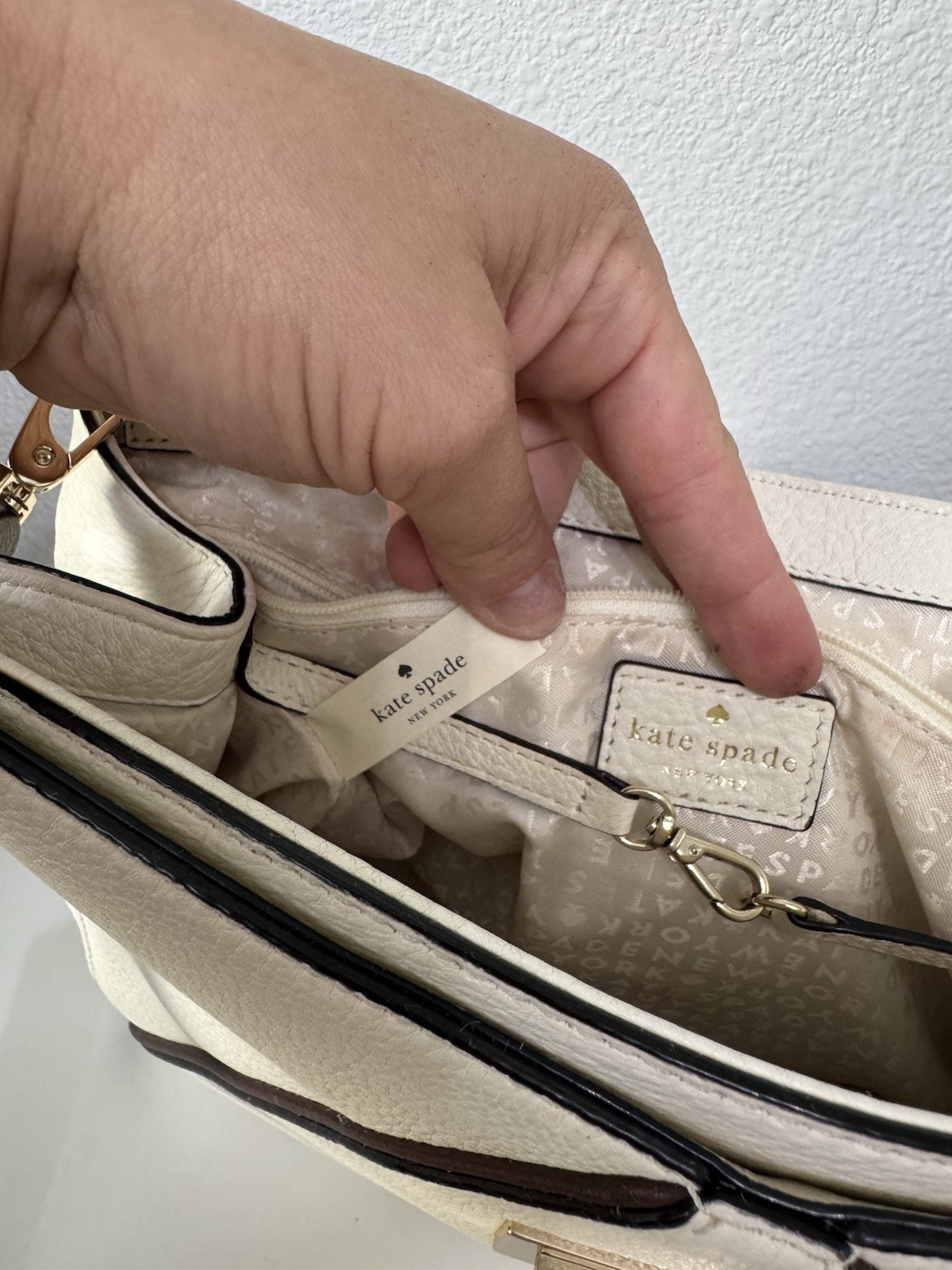 Kate Spade New York Ivory Brown Medium Satchel Top Handle Push Lock Det Strap