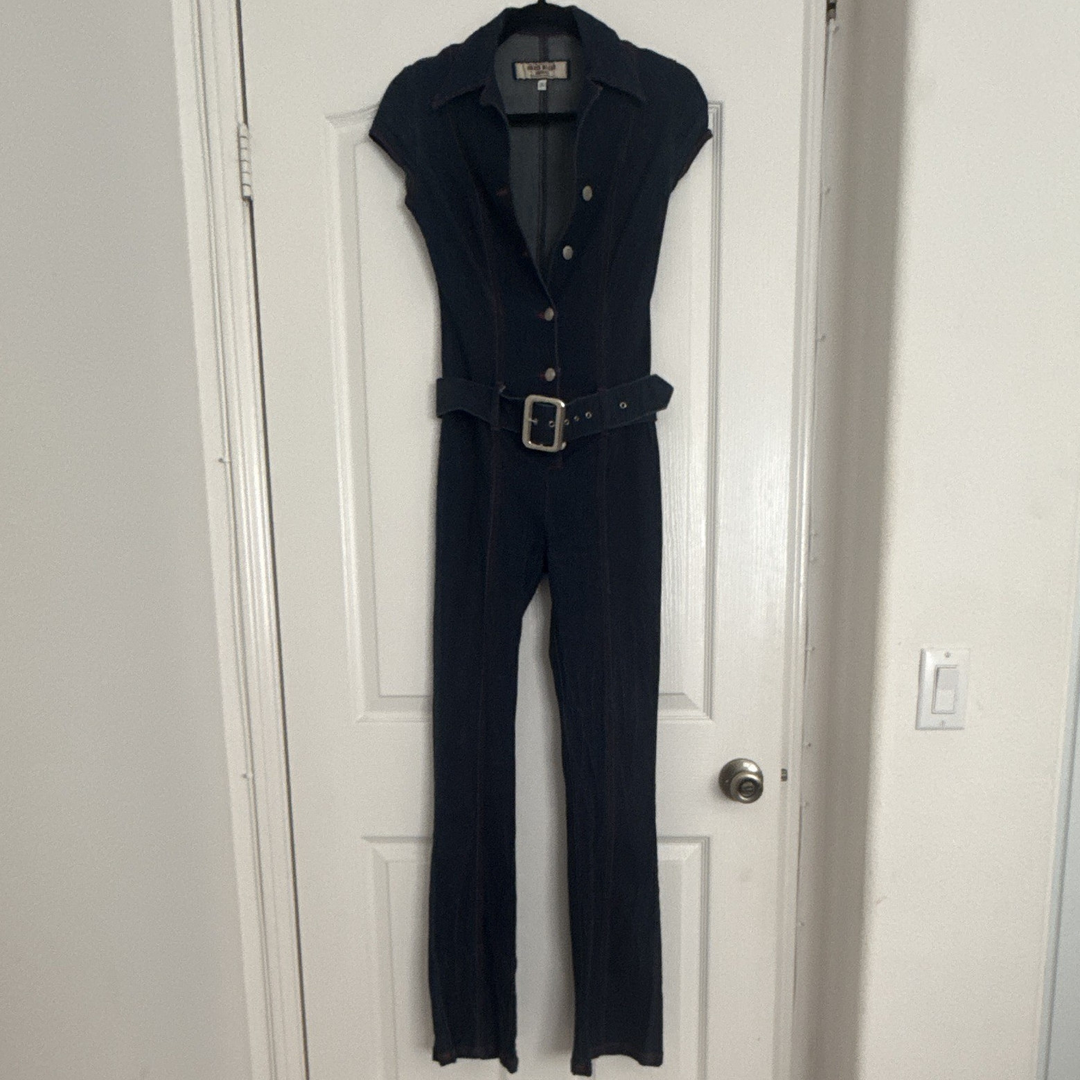 Paris Blues Denim Belted Button-Front Jumpsuit Collared Short Sleeve Sz 5