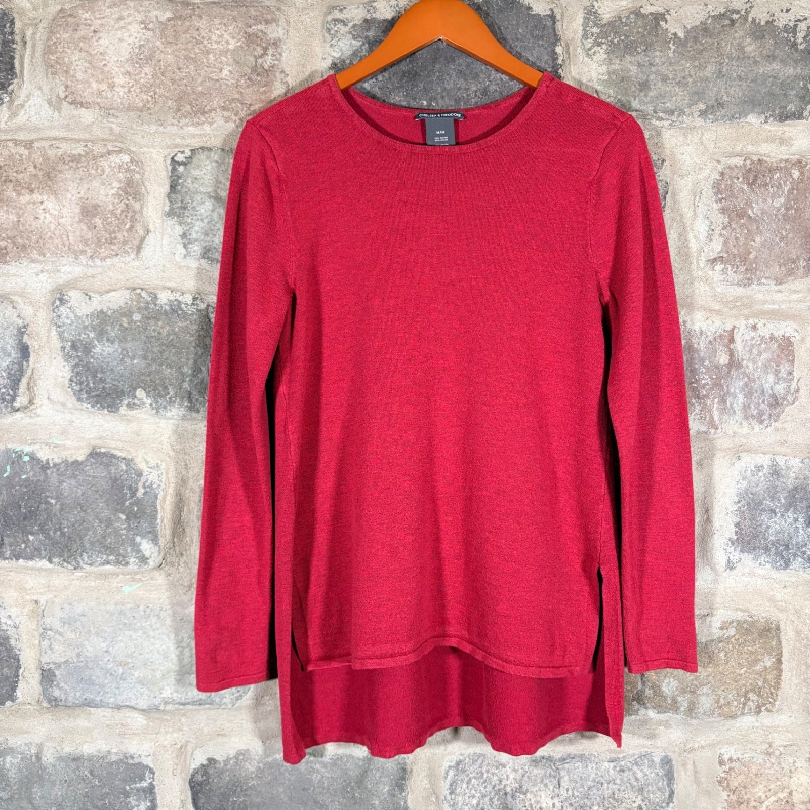 CHELSEA & THEODORE Red Heathered Crew Neck Long Sleeve Tunic Top Medium Hi-Low
