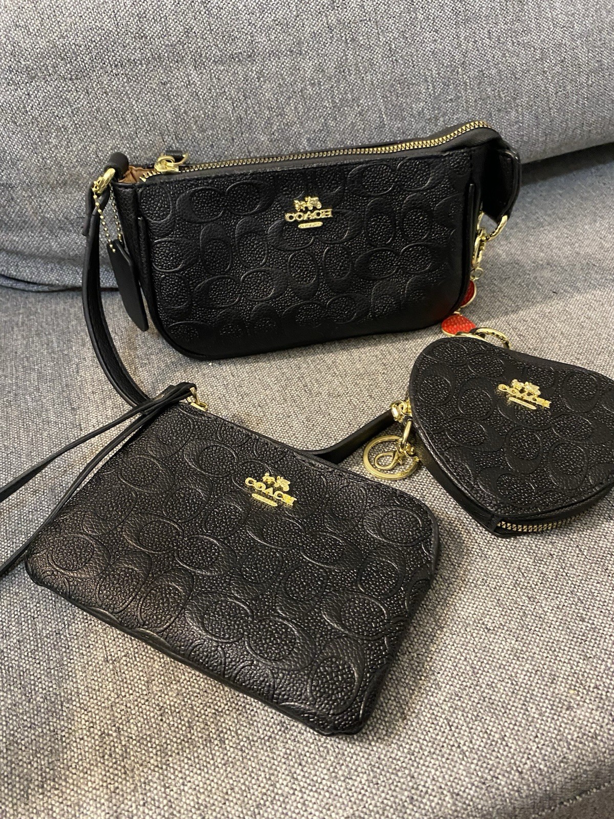 Coach Signature Logo Black Wristlet Zip Pouch Set Coin Purse Gold Hardware