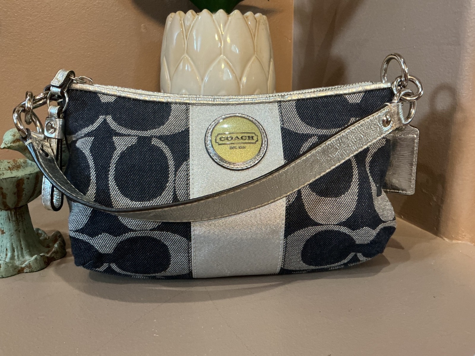 Coach Blue/Grey Signature Stripe Canvas Shoulder Crossbody Bag