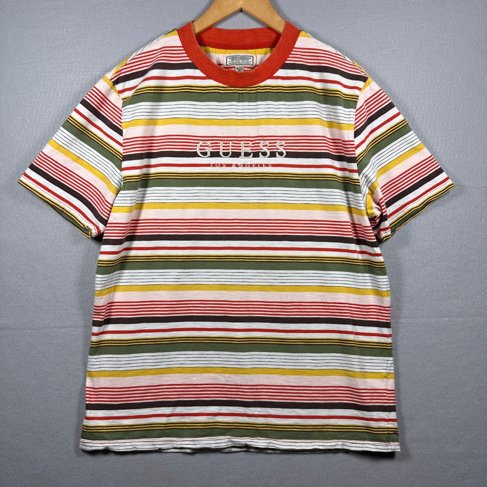 Vintage Guess Brighton Mens M Striped Embroidered Logo T-Shirt Retro Y2K