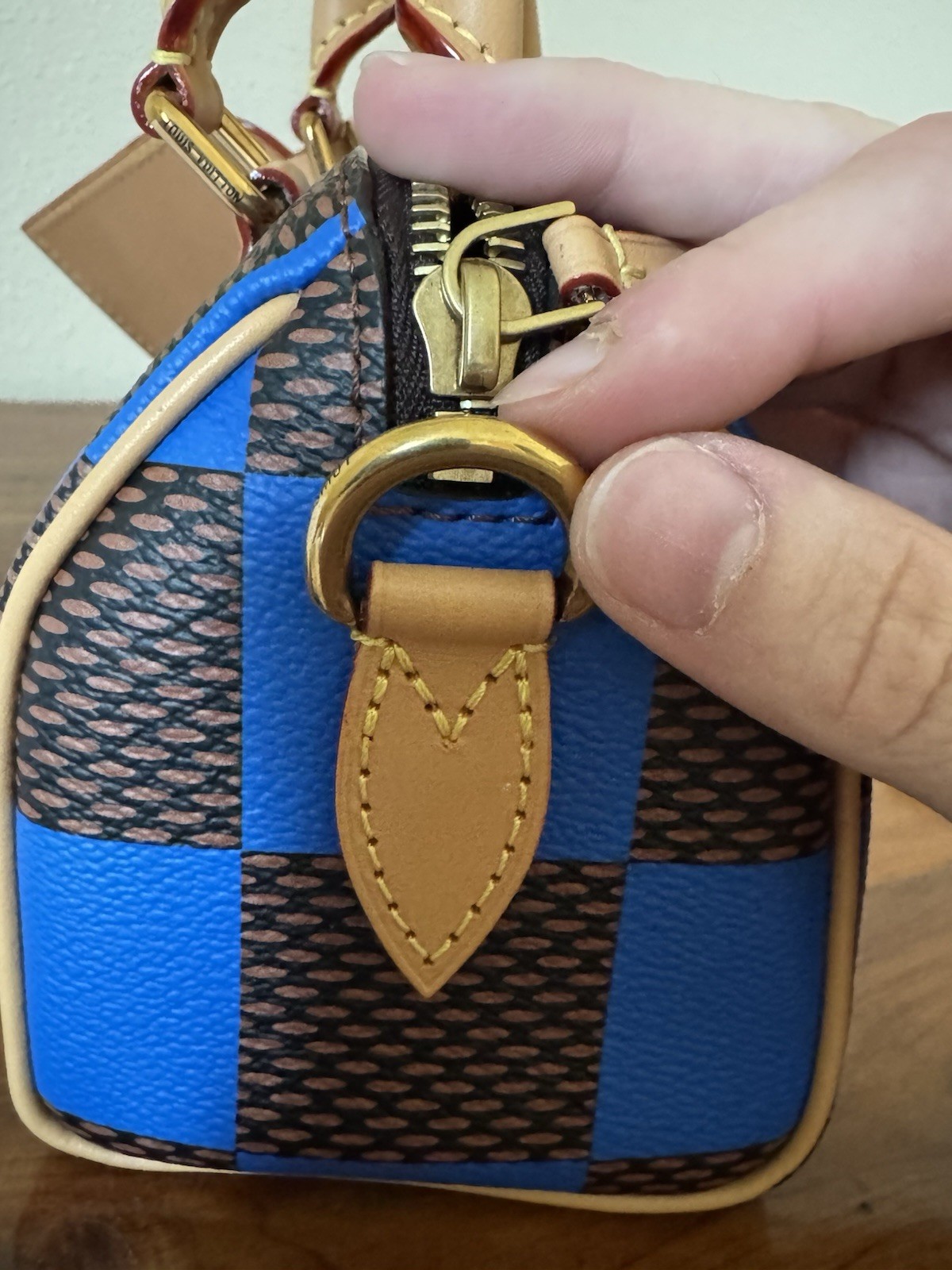 Louis Vuitton Nano Speedy Blue Brown Checkered Satchel w/ Strap, Dust Bag