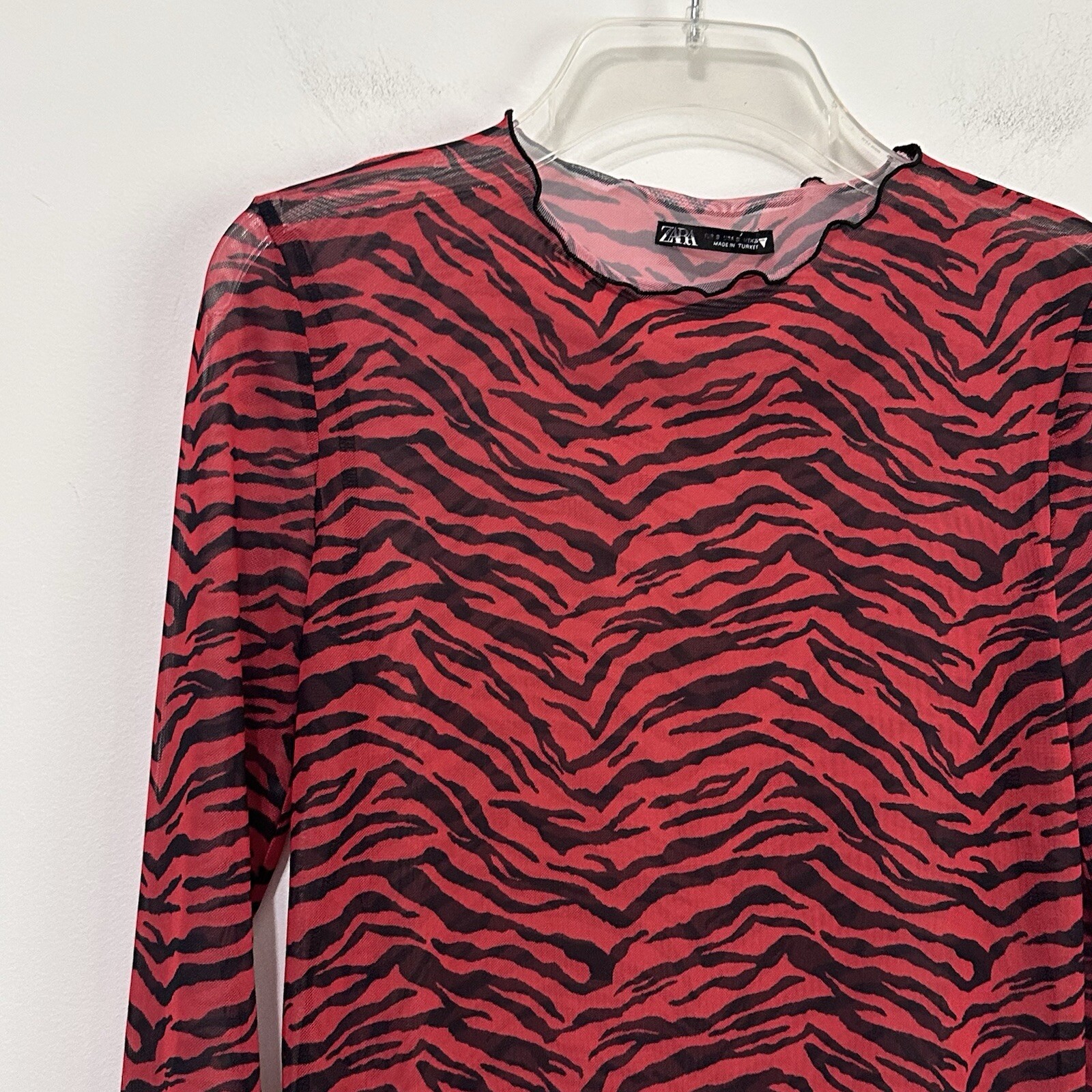 Zara Sheer Red Zebra Top Shirt S Long Sleeve Shirt Cocktail Club Party Concert