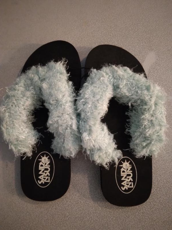 5 – 6 Black Sand N Sun Flip Flops with light green wrapped 279380
