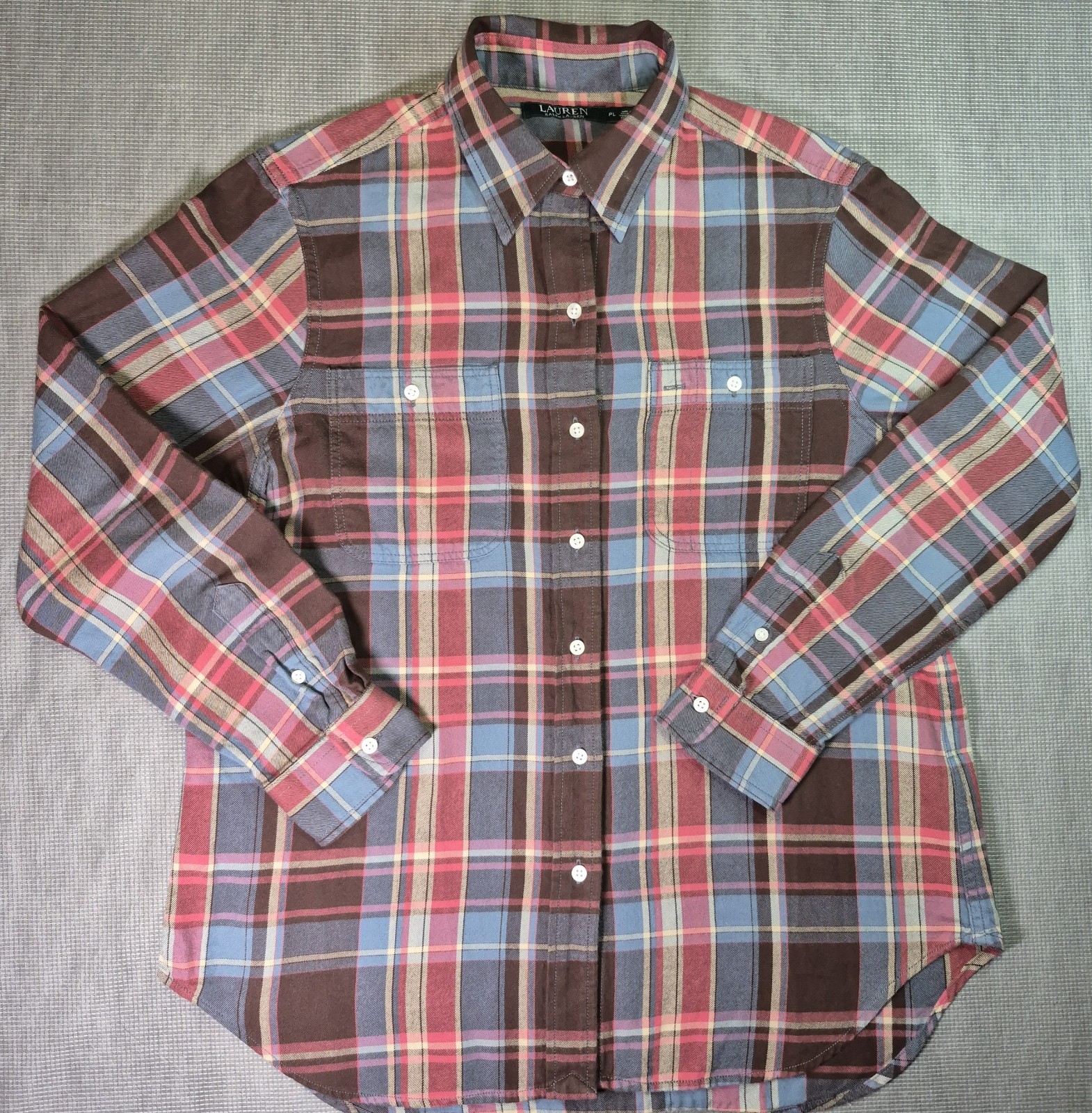 Lauren Ralph Lauren Womens Plaid Button Up Collard Shirt Sz PL 100% Cotton
