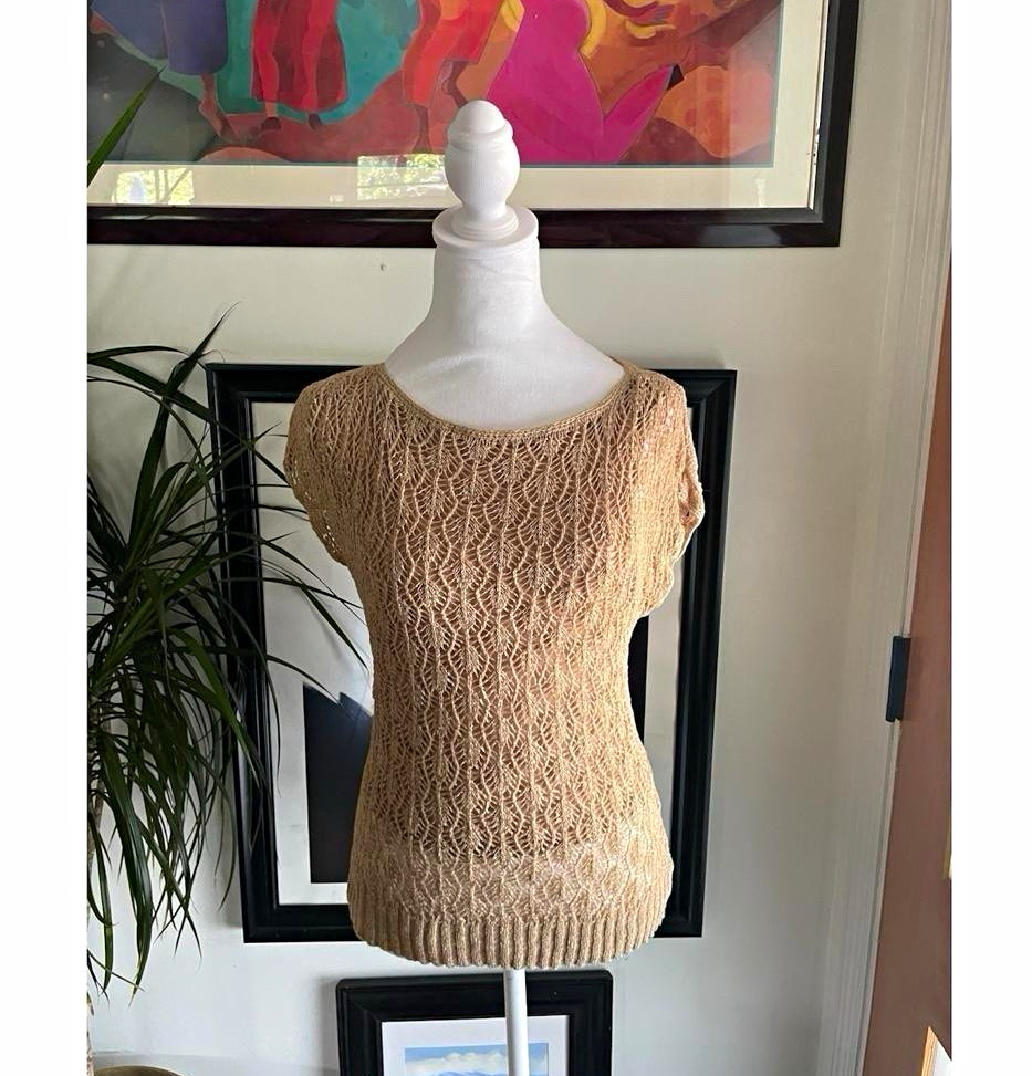 Evan-Picone Women’s Petite PM Beige Solid Open-Knit Scoop Neck Pullover Sweater