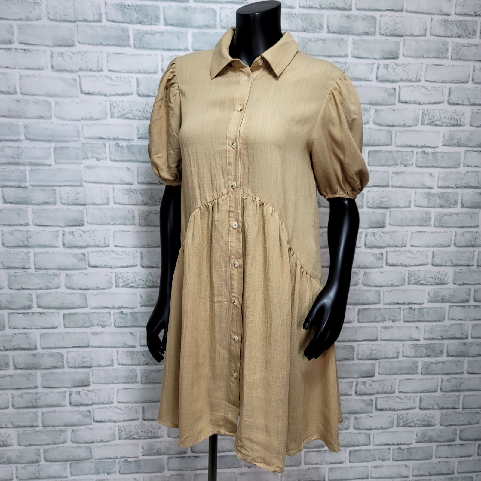 Nasty Gal Size S Beige Puff Sleeve Smock Mini Shirt Dress Button Up Lightweight