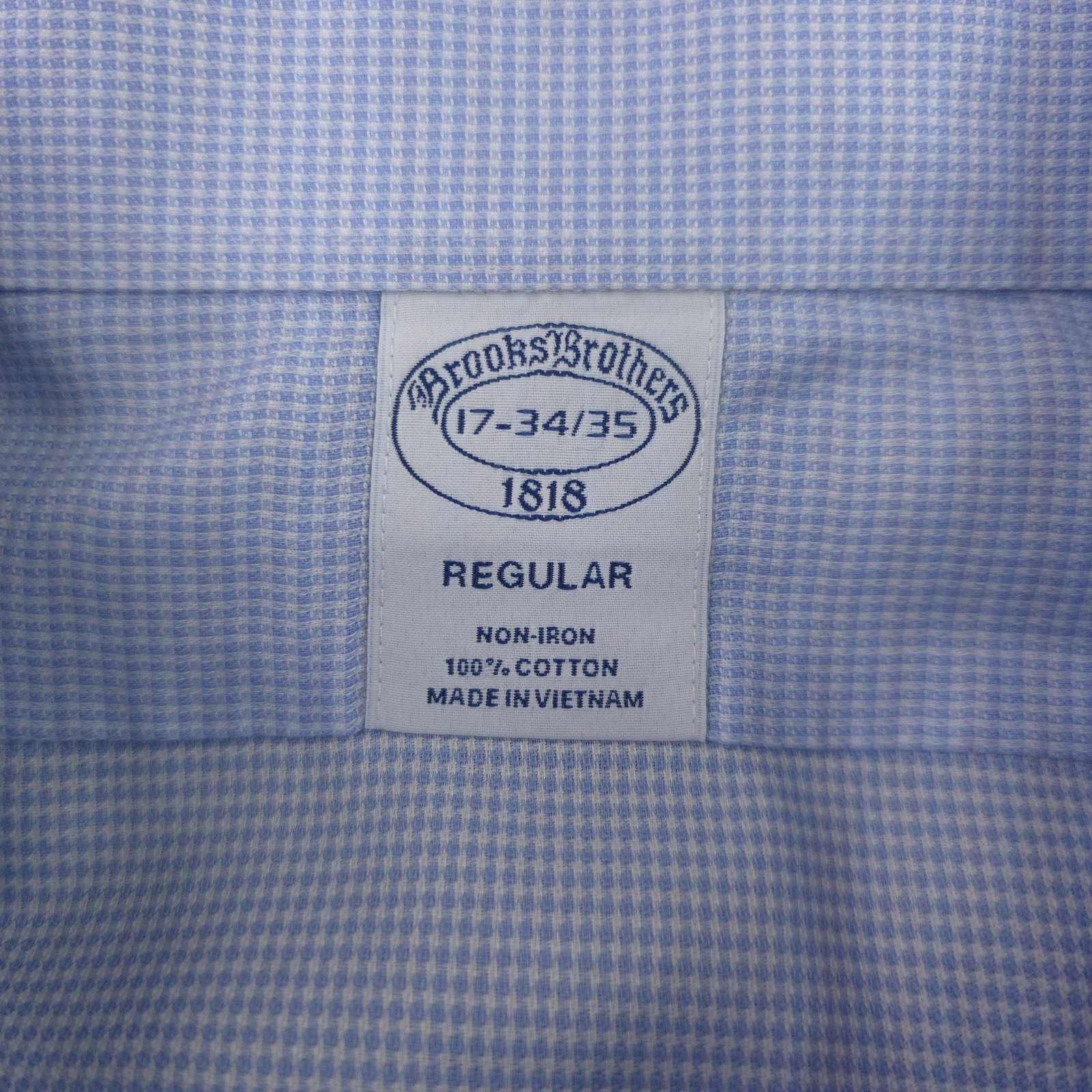 Brooks Brothers Shirt Mens 17 34/35 Blue Gingham Regular Fit Non Iron Cotton