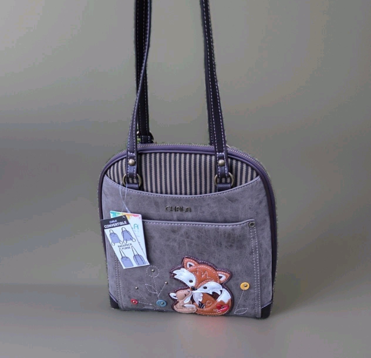 CHALA Convertible Backpack Purse Fox Patch Zip, Detachable Adjustable Strap