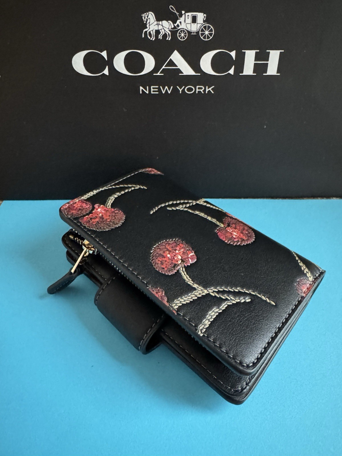 NWT Coach Medium Corner Zip Wallet With Cherry Print Leather Gold /Black Multi