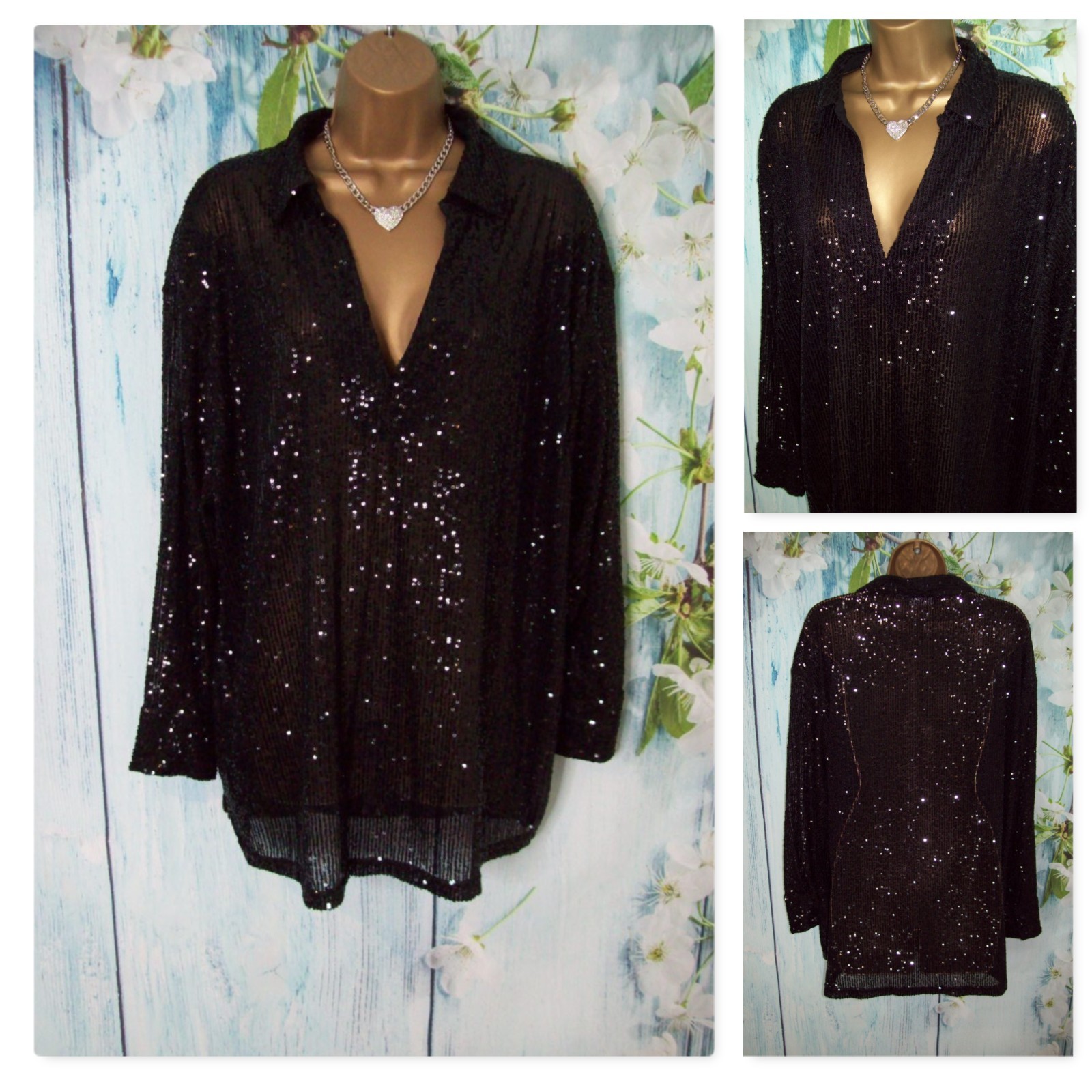 New F&F Black Sequin Shirt Top Size 16 Oversized 16 18 20 Stretch Party Occasion
